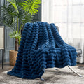 Cozy Bliss Faux Fur Throw Blanket for Couch, Cozy Warm Plush Striped Blanket for Sofa Bedroom Living Room, 50 * 60 Inches Navy B