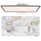 Qiyi White Mouse Pad, Cute Marble Large Desk Mat, Pu Leather Desk Protector Mousepad, Gold Grey Striped Waterproof Computer Keyb