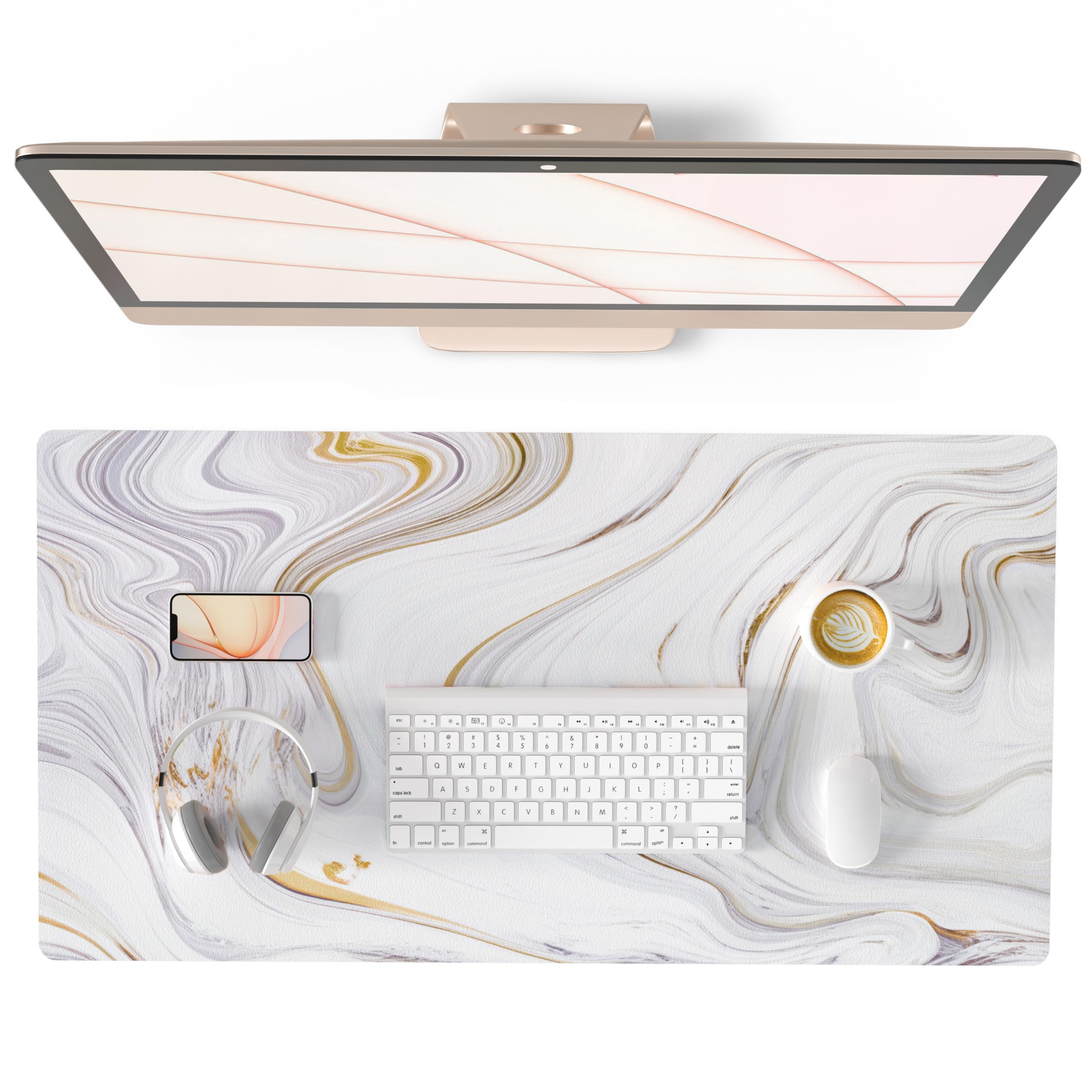 Qiyi White Mouse Pad, Cute Marble Large Desk Mat, Pu Leather Desk Protector Mousepad, Gold Grey Striped Waterproof Computer Keyb