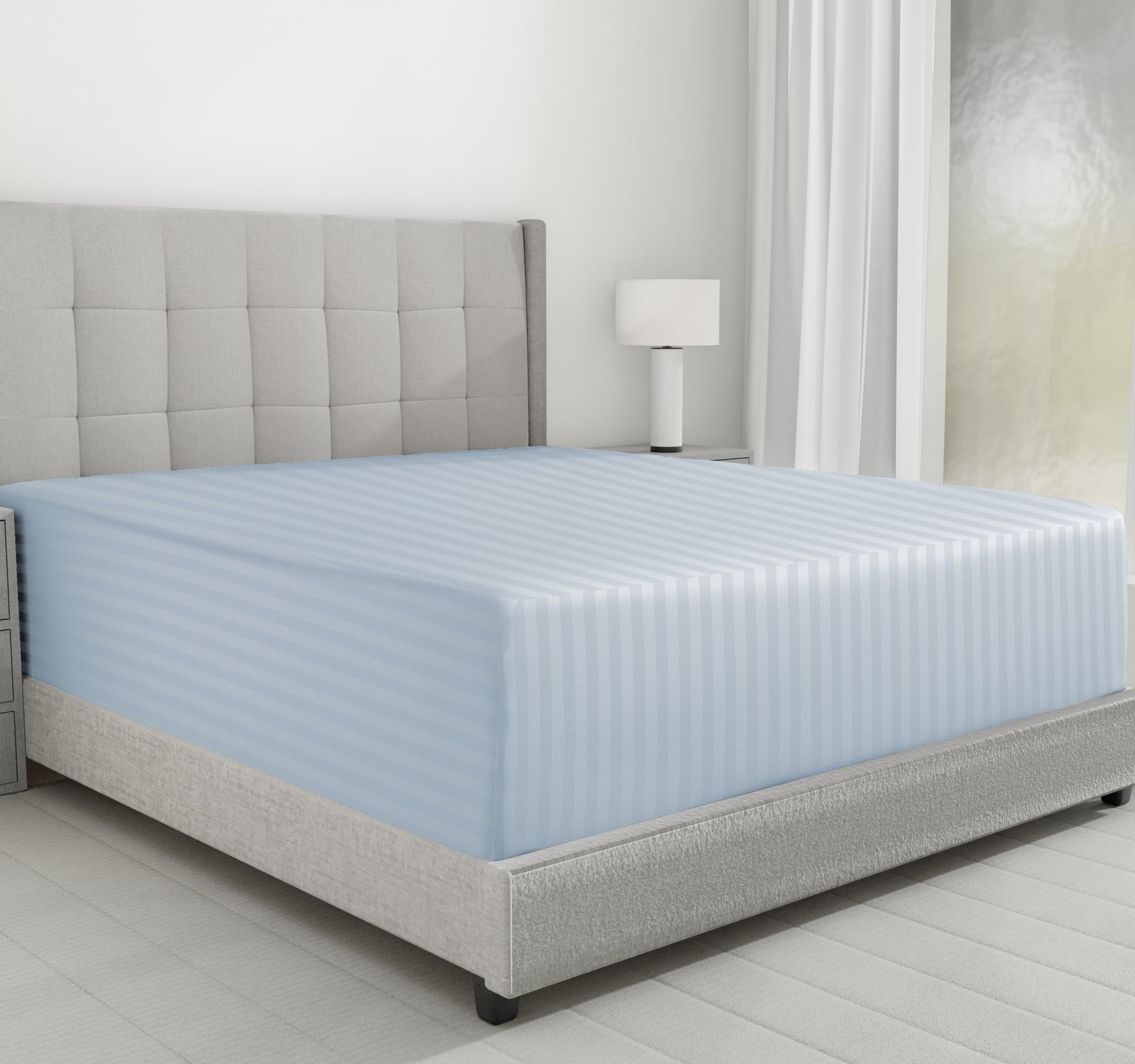 California Design Den Luxury Cotton Sateen Damask Stripe Fitted Queen Sheet Only - Soft 100% Cotton Sateen, Deep Pocket Bottom Fitted Sheet, Hotel Quality With A Foot Side Indicator - Light Blue