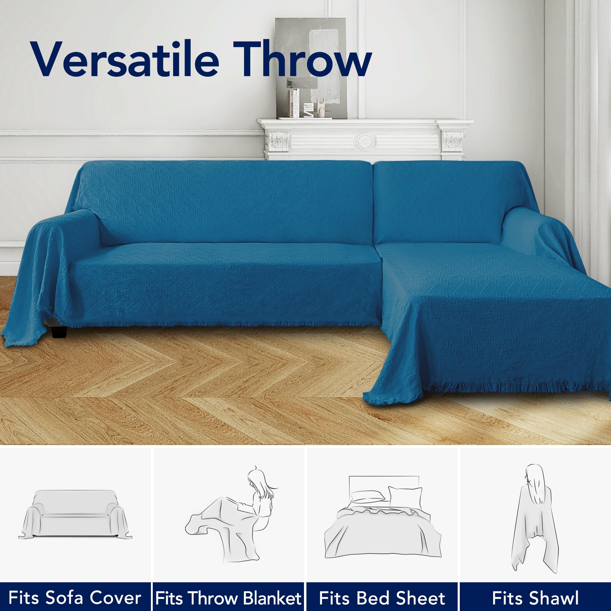 Purefit Geometric Jacquard Throw Sofa Cover - Textured Soft Washable Decorative Couch Covers For 3 Cushion Couch, Throw Cover With Tassels Furniture Protector For Pets, Kids (Small, Peacock Blue)