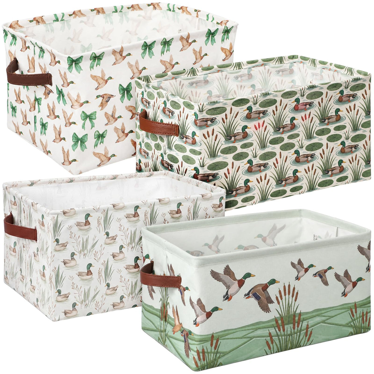 Boao 4 Pack Mallard Duck Storage Baskets Empty Collapsible Laundry Storage Bins with Handles Foldable Boxes for Home Bedroom Off