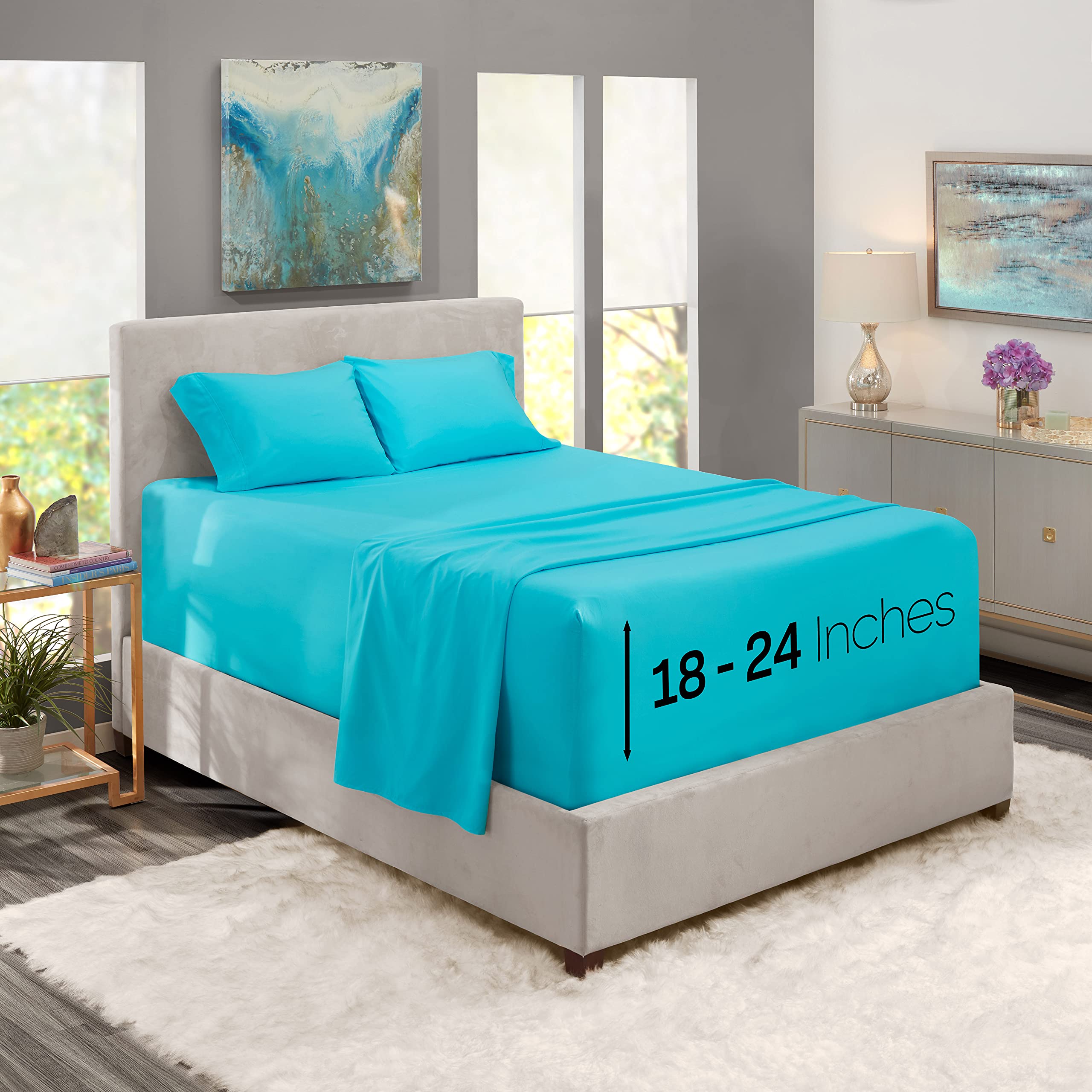 Nestl Extra Deep Pocket Sheets - Fits Mattress 18-24 Inches Deep, Extra Deep Pocket Queen Sheets Sets, 4 Piece Queen Size Sheets, Queen Sheets Deep Pocket, Bright Blue Sheets Queen