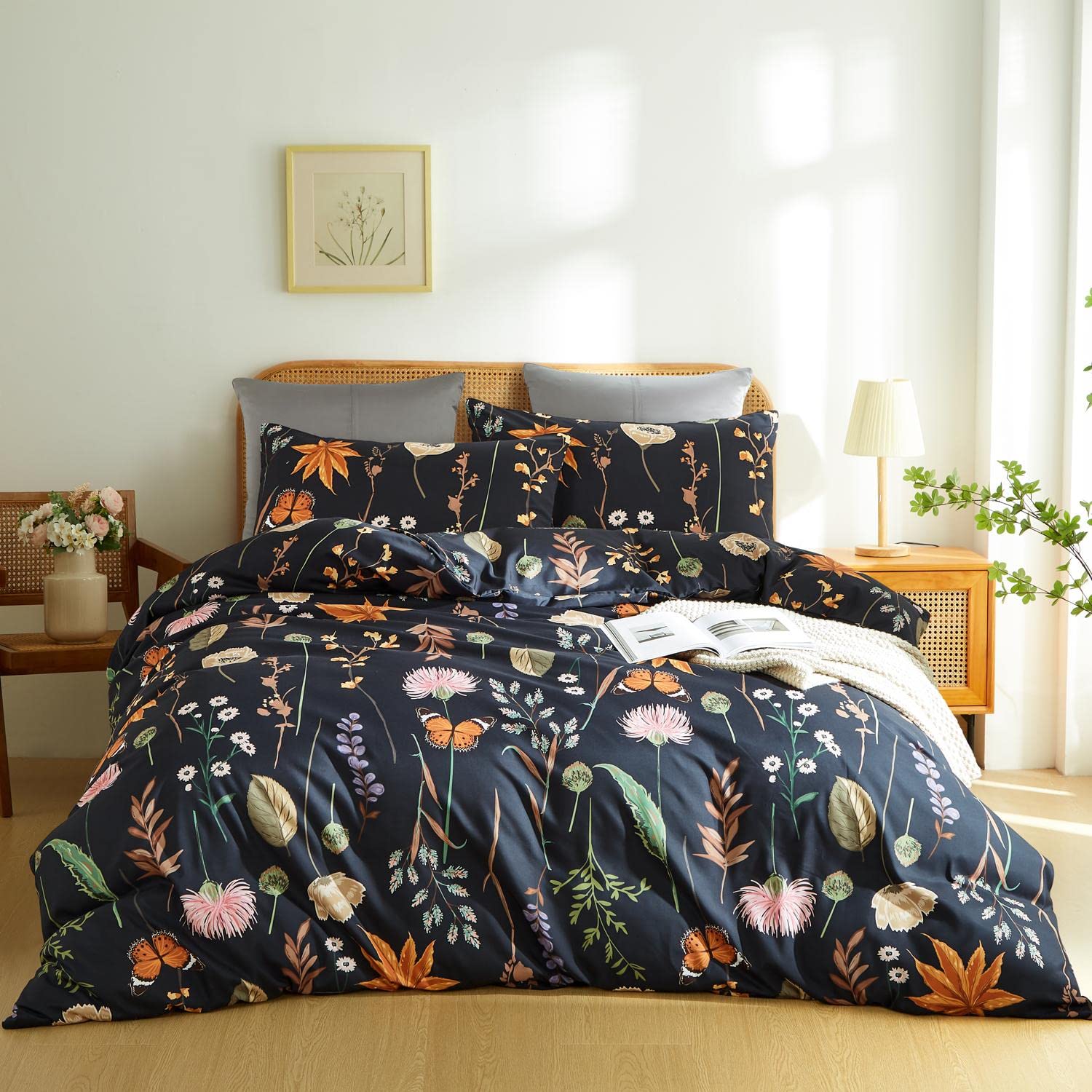 Couturebridal Floral Duvet Cover Set Full, Black Duvet Cover With Pink Floral Colorful Botanical Yellow Butterfly 3D Printed Bed