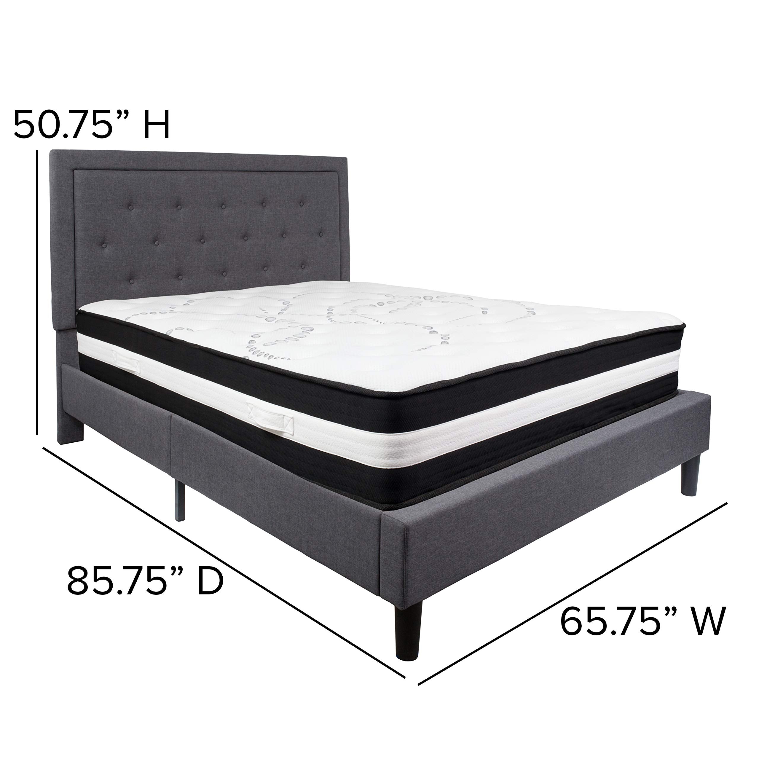 Flash Furniture Roxbury Queen Size Tufted Upholstered Platform Bed In Dark Gray Fabric With Pocket Spring Mattress