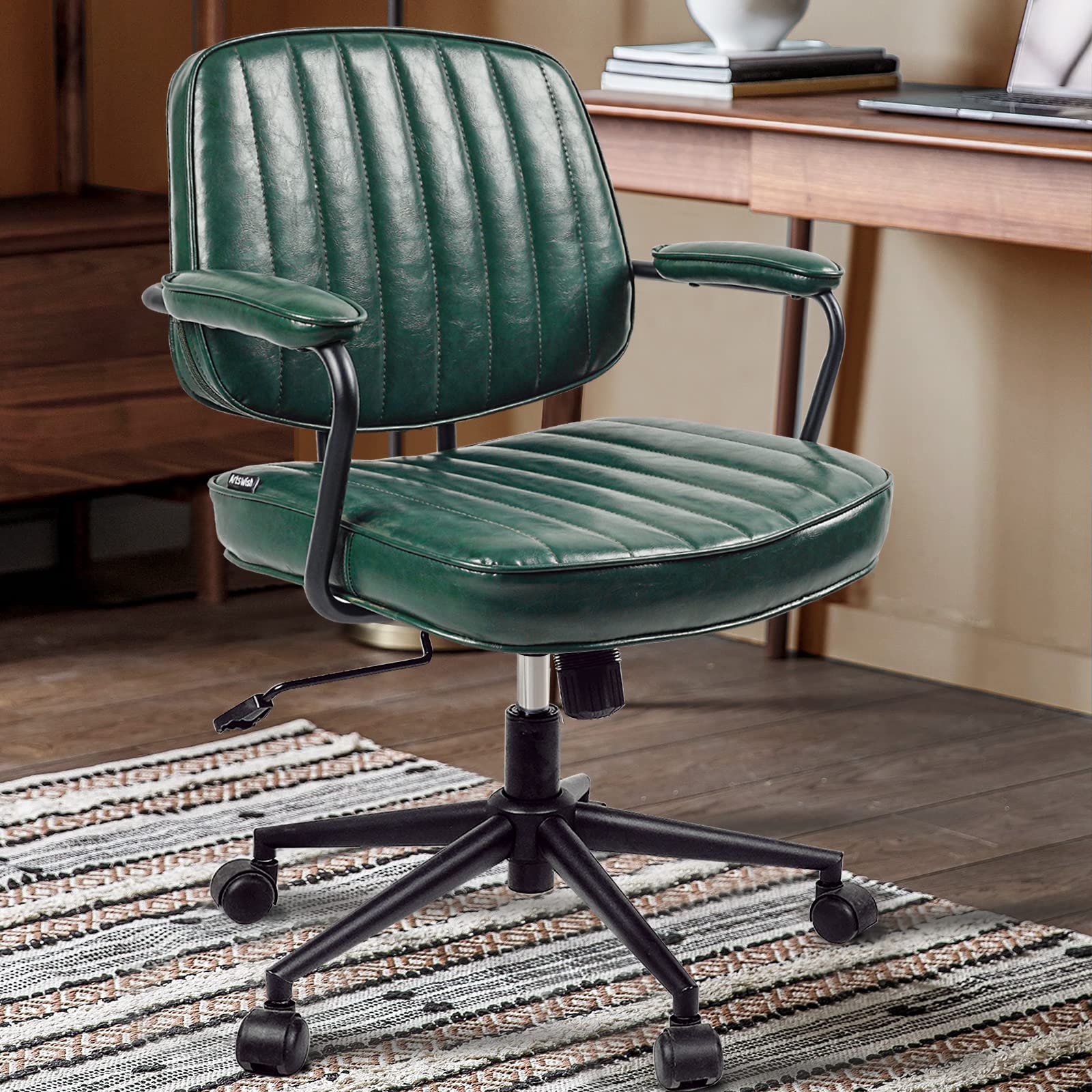 Artswish Mid Century Office Chair Leather Desk Chair Green Office Desk Chair Home Office Chair with Wheels and Arms