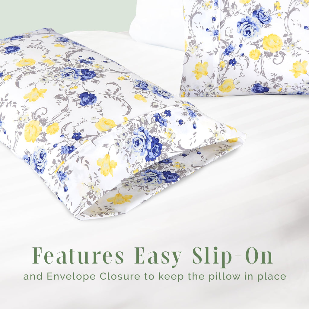 Elegant Comfort Ultra Soft Set Of 2 Floral Print Pillowcases - 1500 Premium Hotel Quality Microfiber, Soft And Smooth Envelope Closure 2-Piece Pillow Covers - Standard/Queen, Gold Jenna