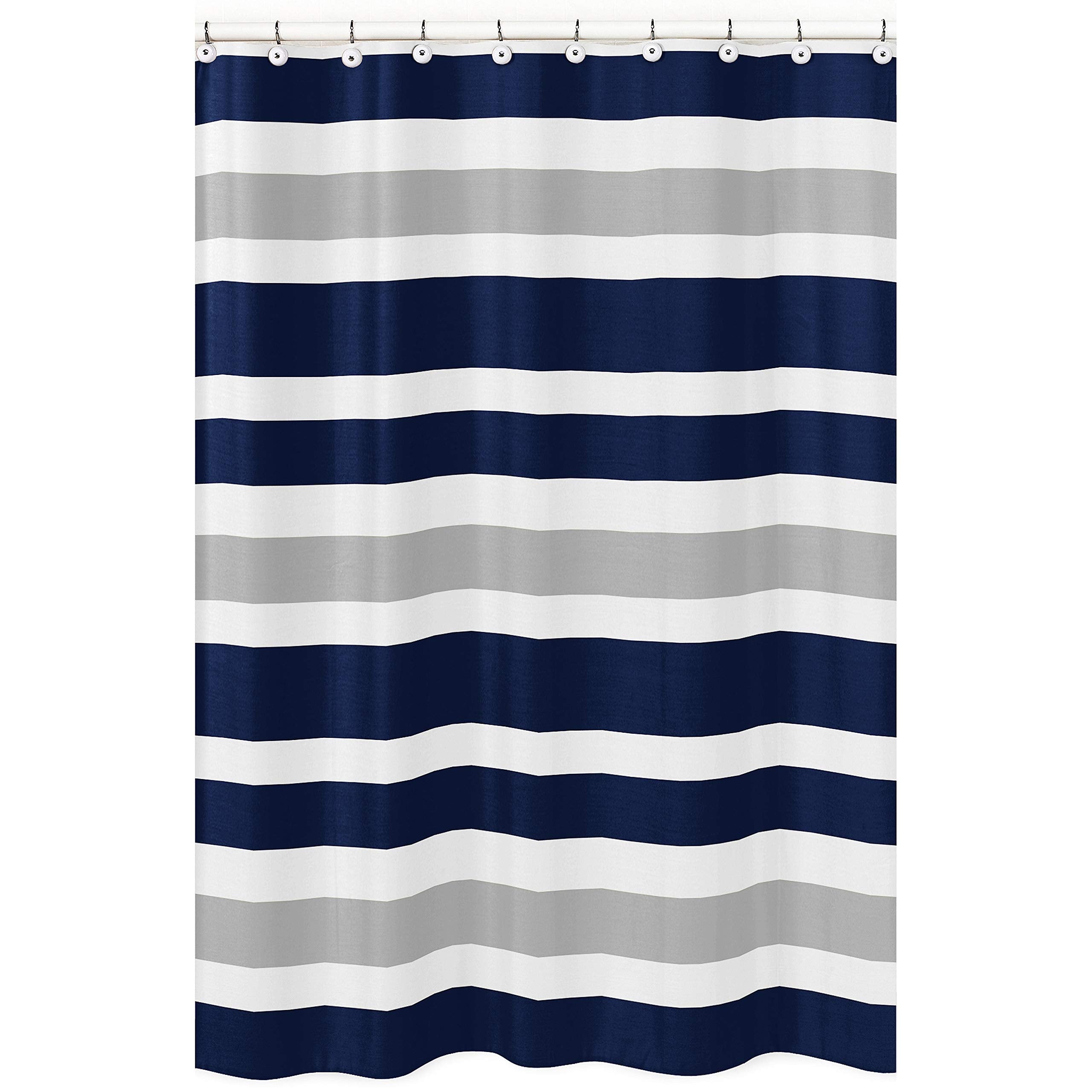 Sweet Jojo Designs Navy Blue, Gray and White Kids Bathroom Fabric Bath Teen Stripe Shower Curtain