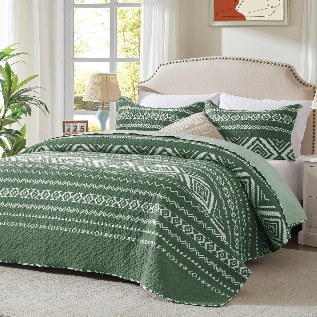 Leaonme 3 Pieces Full Queen Size Olive Green Quilt Set With Checkered Pattern Lightweight Oversized Bedspread 90'X98' Soft Cov
