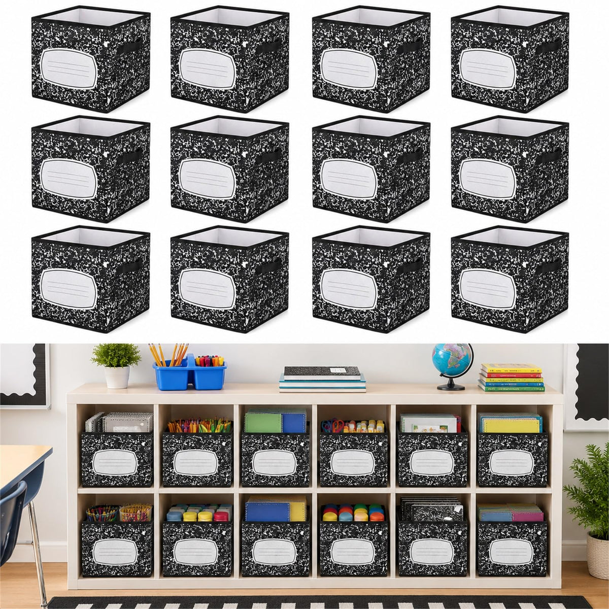 Yookeer 12 Pcs 11 Inch Composition Notebook Fabric Storage Cube Bin with Handle Zebra Print Foldable Classroom Container Cubby B