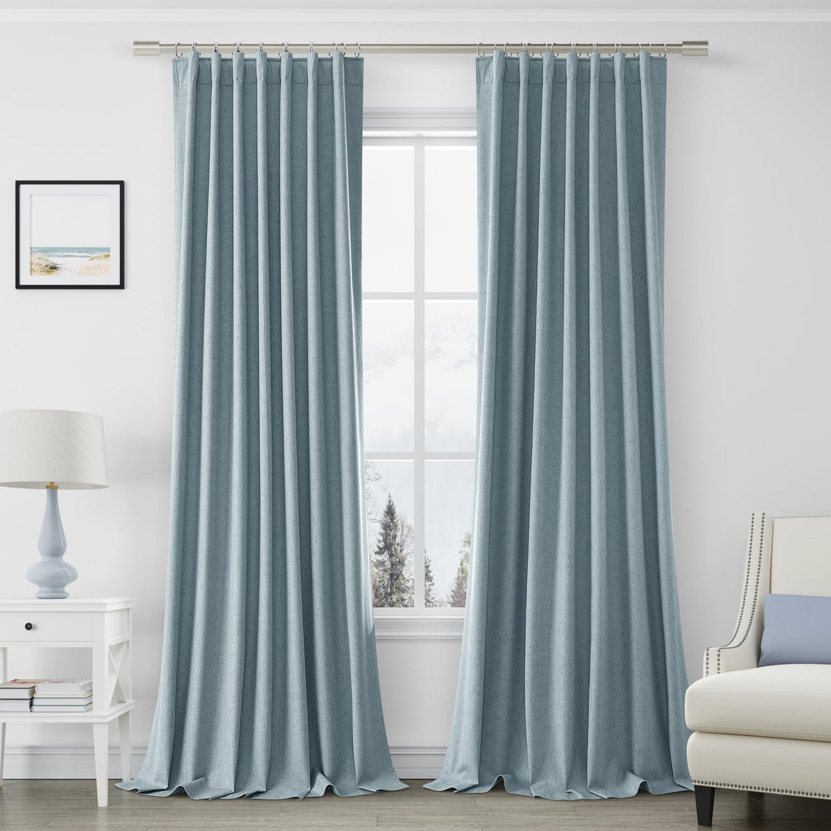 Joywell Blue Linen 100% Blackout Curtains 108 Inches Long, Rod Pocket,Back Tab,Hook Belt,Thermal Insulated Pinch Pleated Full Black Out Window Drapes For Bedroom Living Room(2 Panels,52 X 108)