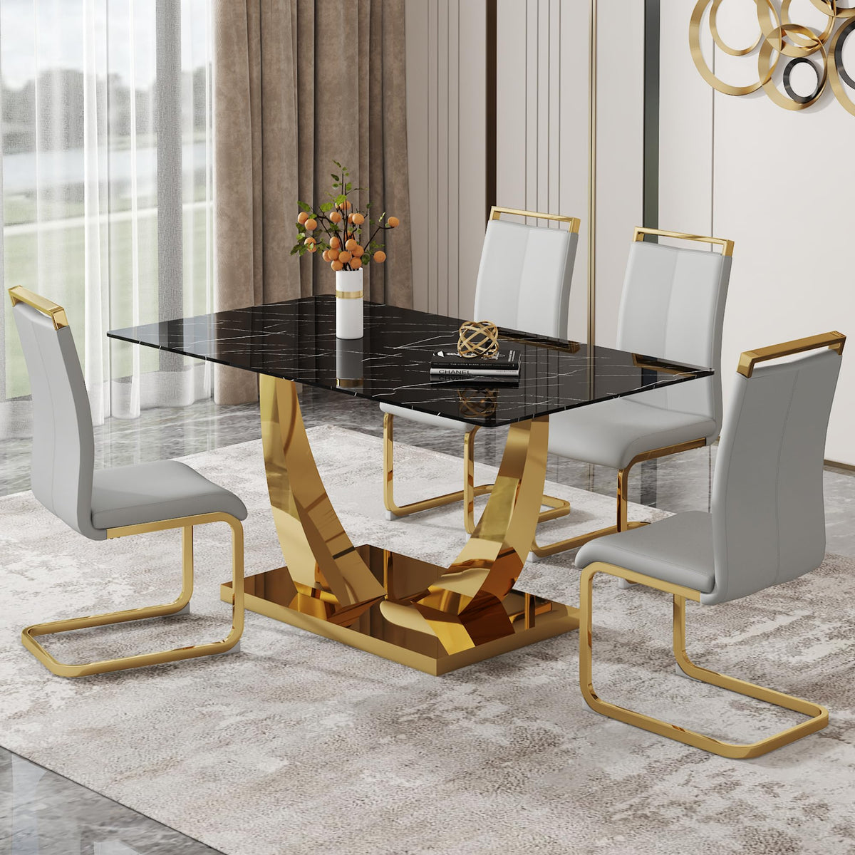 63    Dining Room Table Set For 4,Modern Gold Dining Table Set For 4, Rectangle Kitchen Table Set With Pu Leather Chairs,Black F