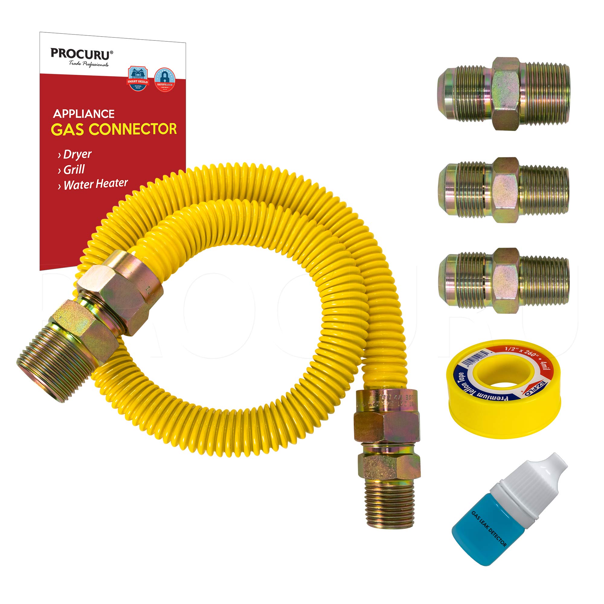 Procuru 1/2' Od X 24' (2Ft) Universal Gas Flex Connector Kit, Safeguard Yellow Coated Stainless Steel Gas Supply Pipe For Drye