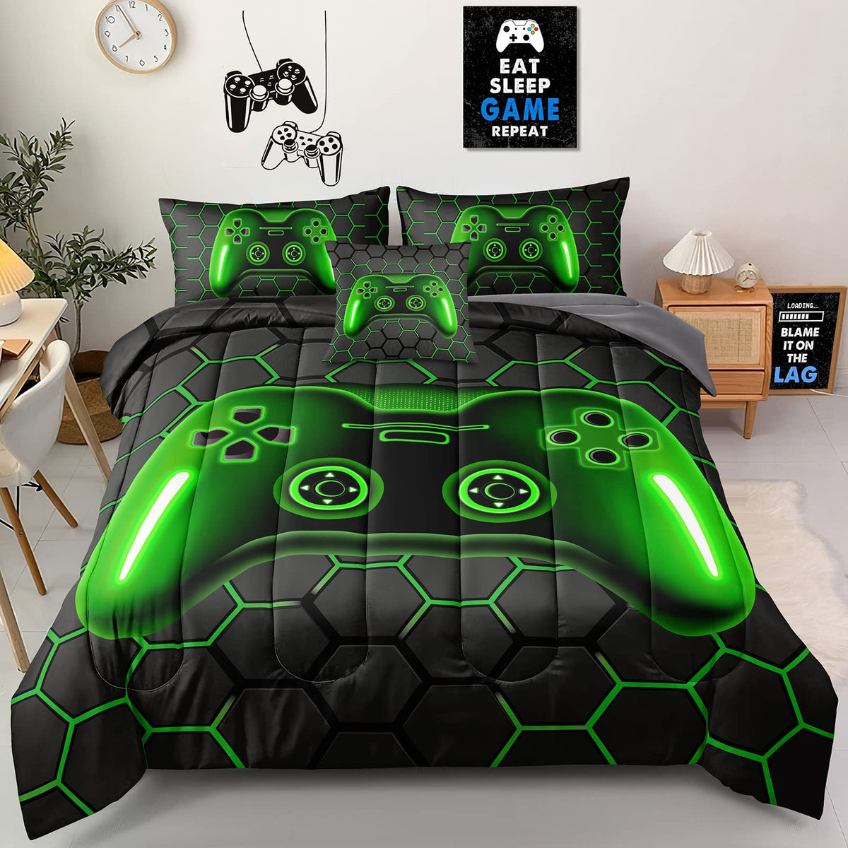 Z.Jian Home Gamer Bedding Set, 5 Piece Twin Size, Green, For Boys Girls Kids Teens, Video Game Bedding Decorative Bed In A Bag W