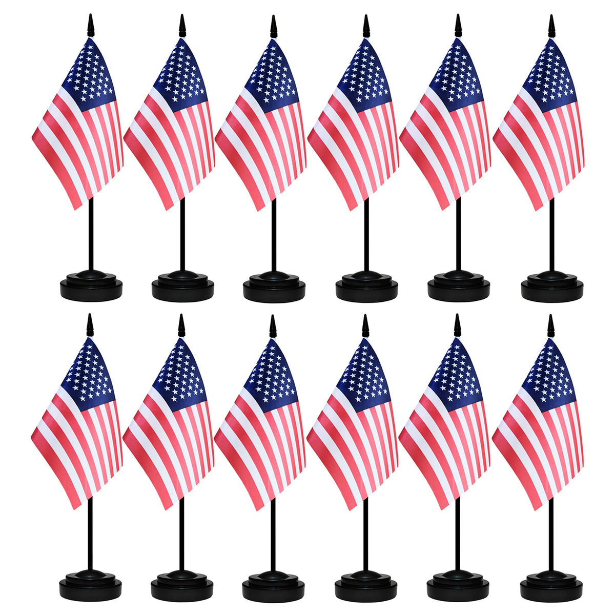 12 Pack Usa Desk Flags Set, American Us Small Mini Table Office Flags With 12' Solid Black Pole, 8.2 X 5.5 Inches, Home And Off