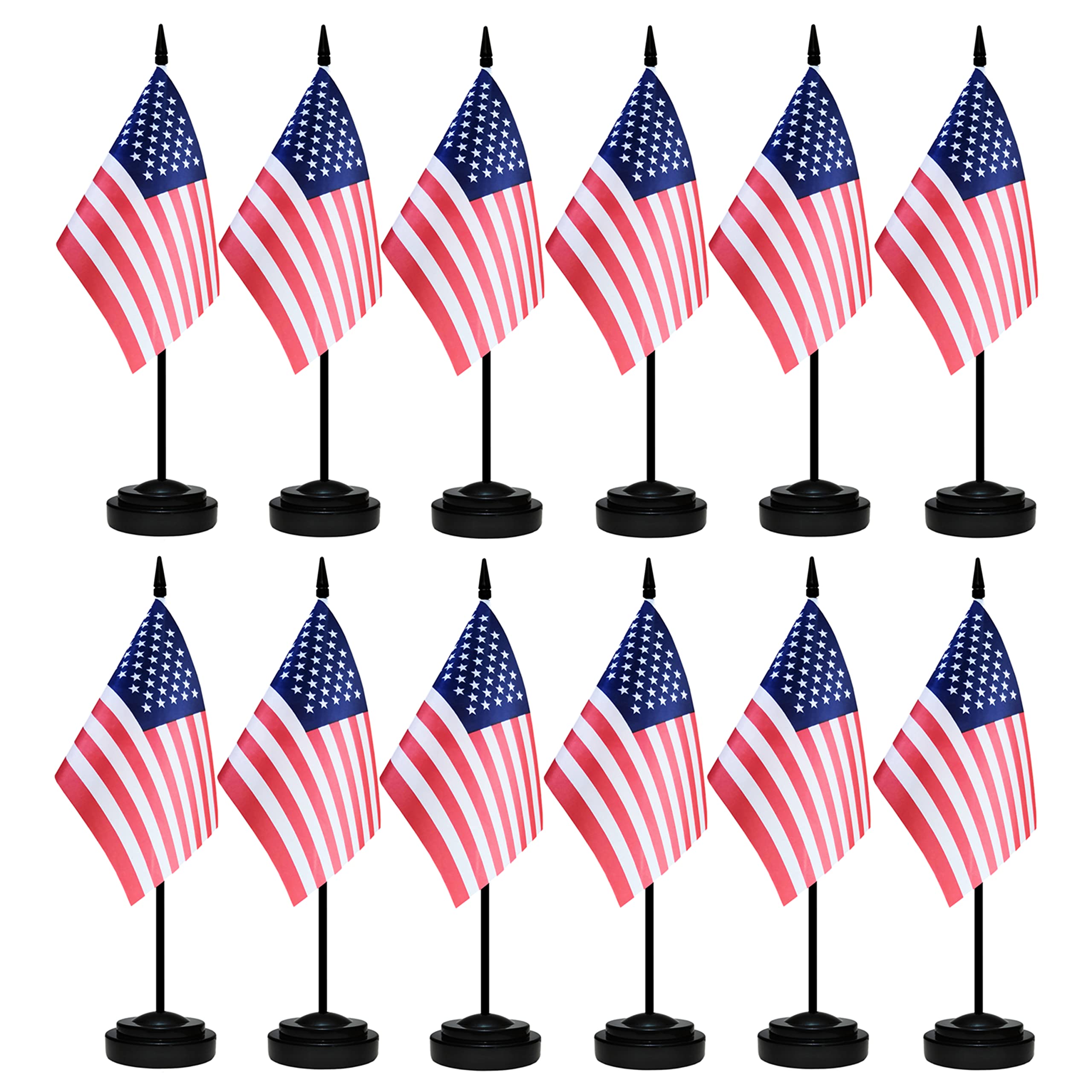12 Pack Usa Desk Flags Set, American Us Small Mini Table Office Flags With 12' Solid Black Pole, 8.2 X 5.5 Inches, Home And Off