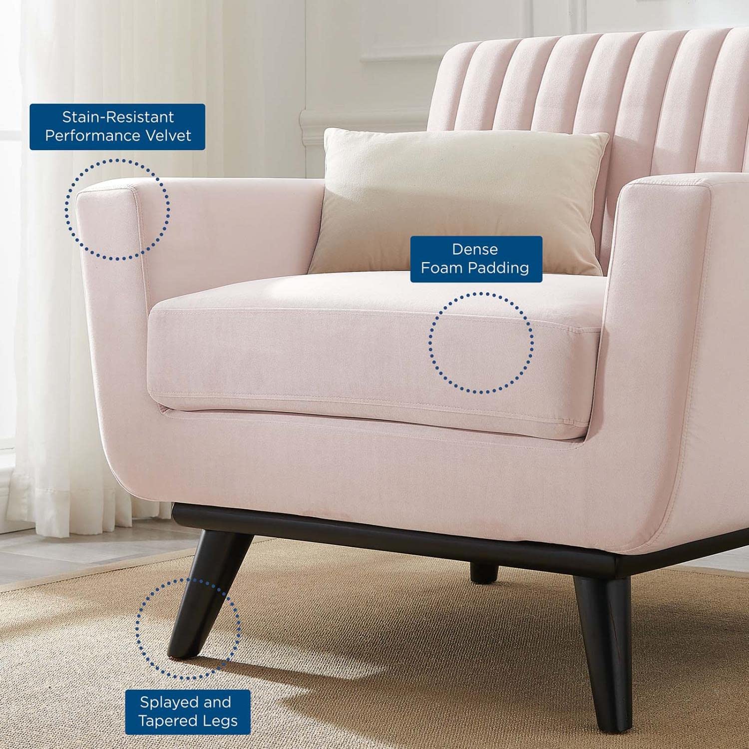 Modway Engage Channel Tufted Performance Velvet Armchair in Pink