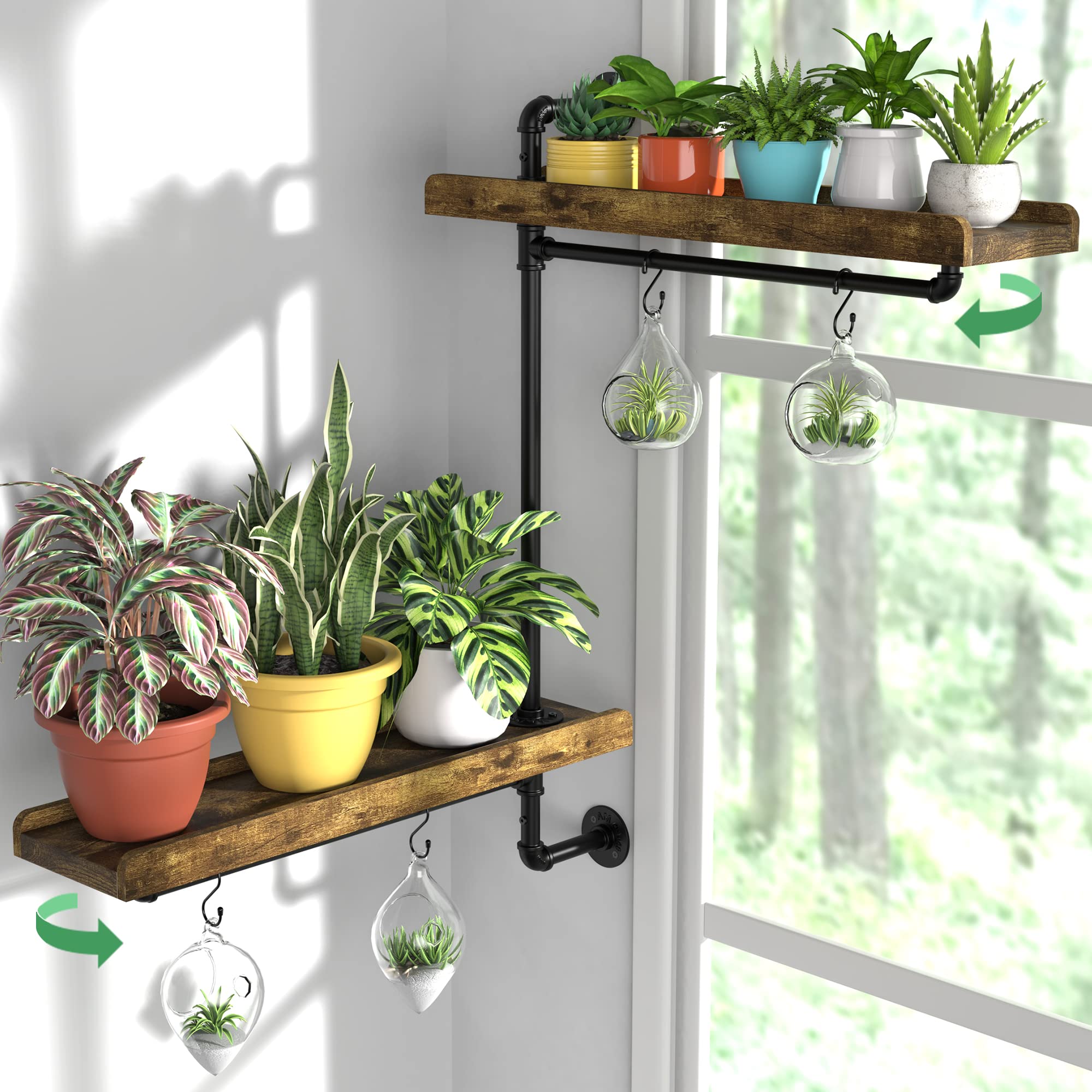 Gdlf Window Plant Shelves Industrial Pipe Swivel Shelving Floating Shelves With More Space For Large Plants(Pots Up To 8')