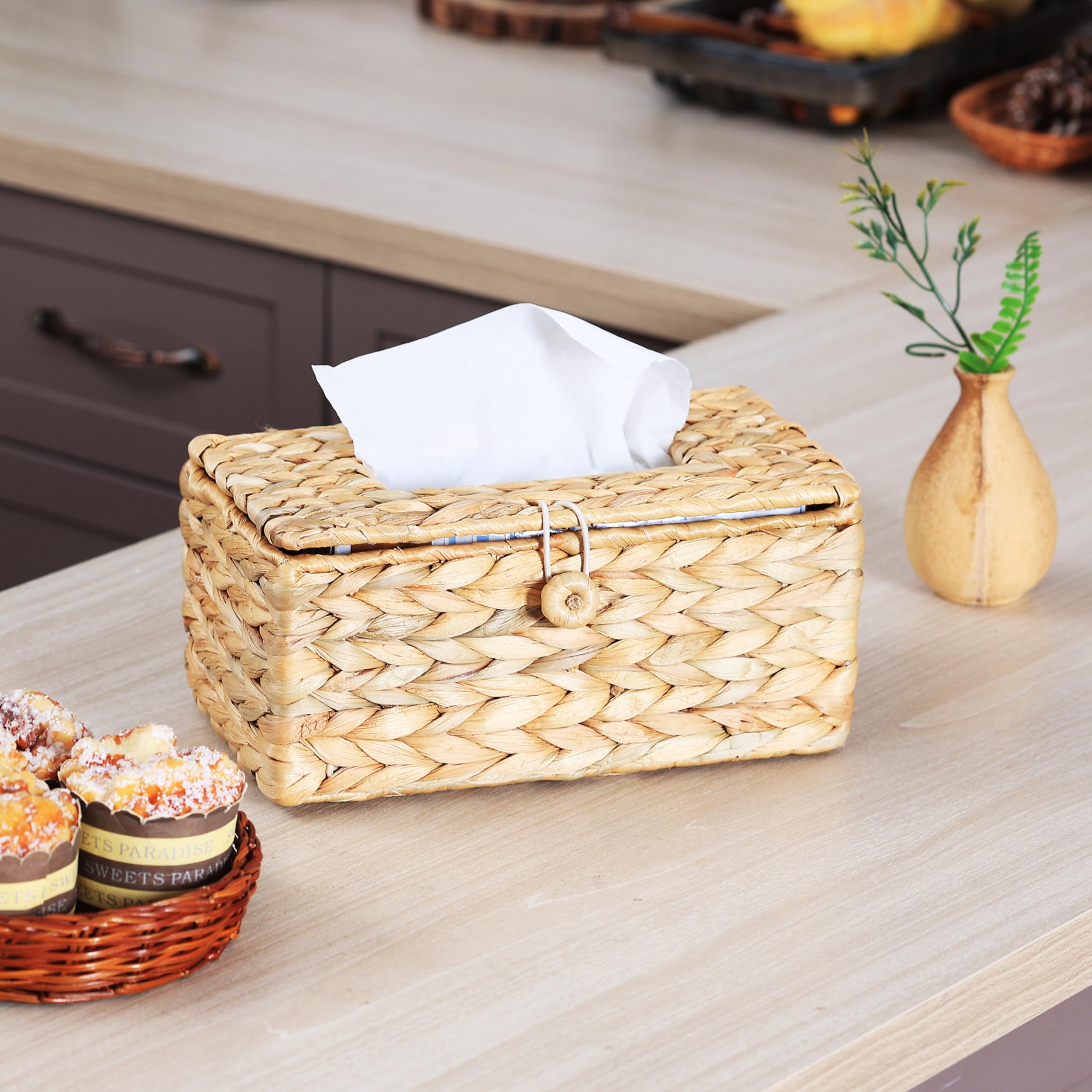 Minhkust Tissue Box Holder With Flip-Open Top, Tissue Box Cover Rectangular, Rattan Wicker Rectangle Tissues Box Cover, Boho Dec
