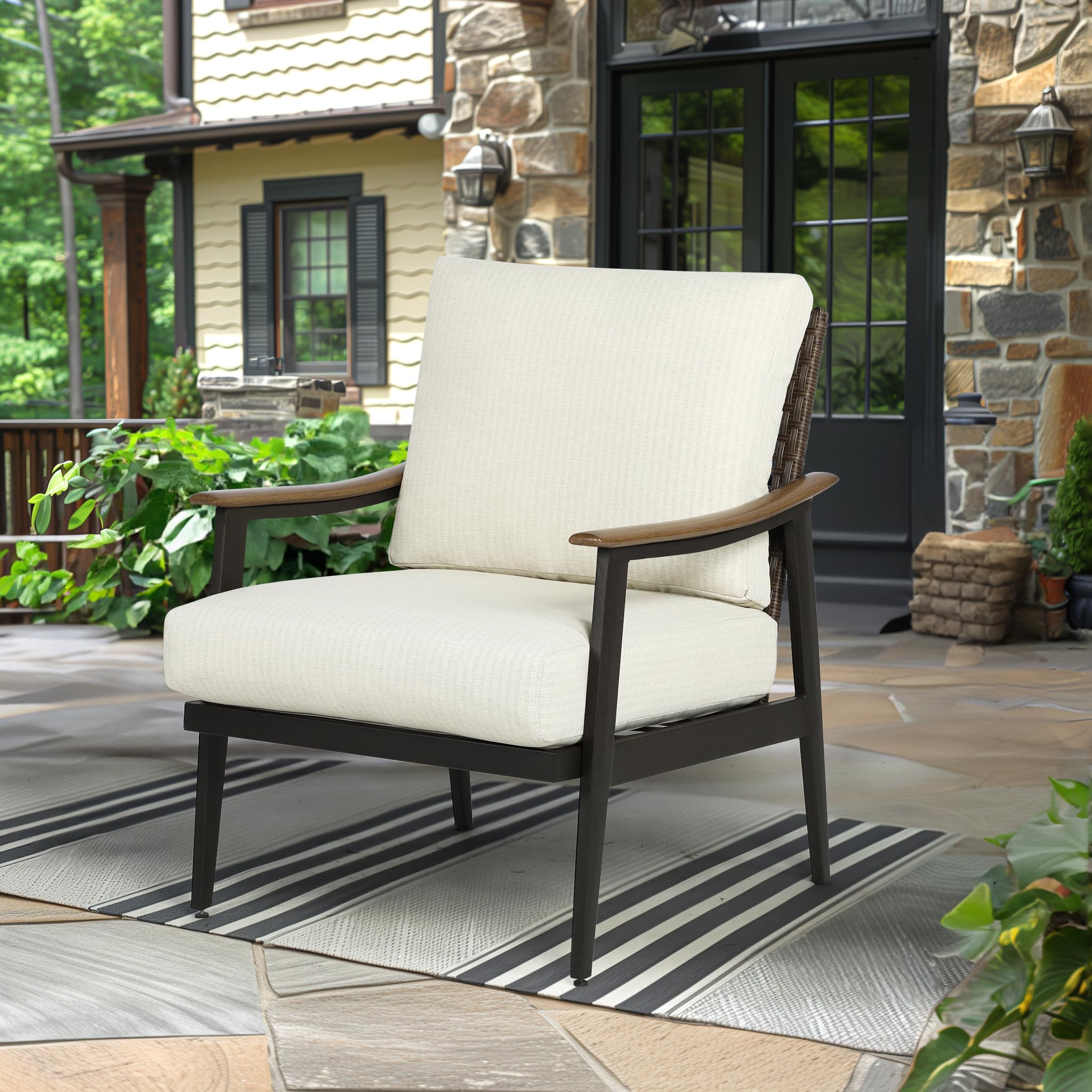 Natural Expressions Patio Sofa Outdoor Furniture Metal Chair With Wicker Backrest & 6 Inches Cushion For Front, Porch, Deck, Bal