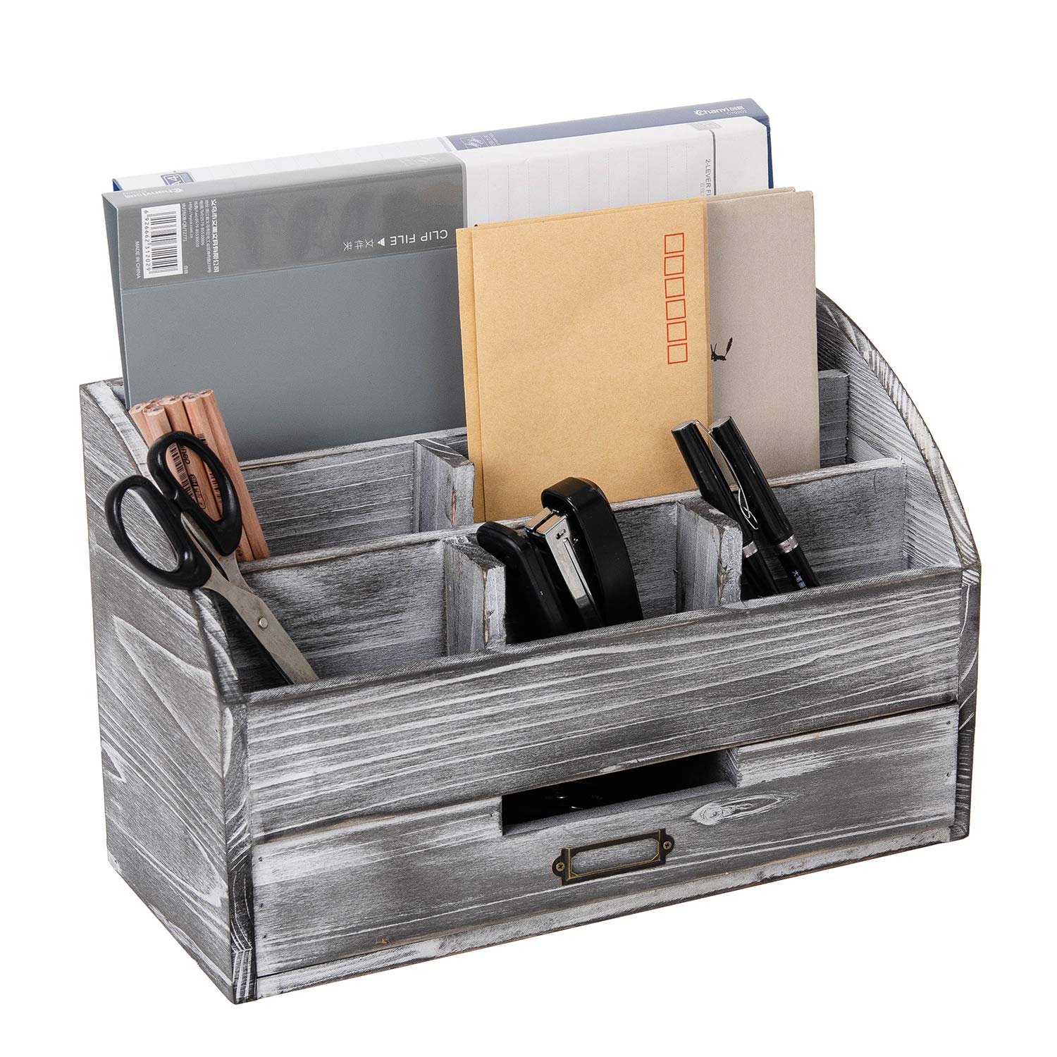 Distressed Rustic Wooden Office Desk Organizer 5 Compartment With 2 Drawer &Counter Desk Tabletop Desktop Mail Rack , Pens, Note