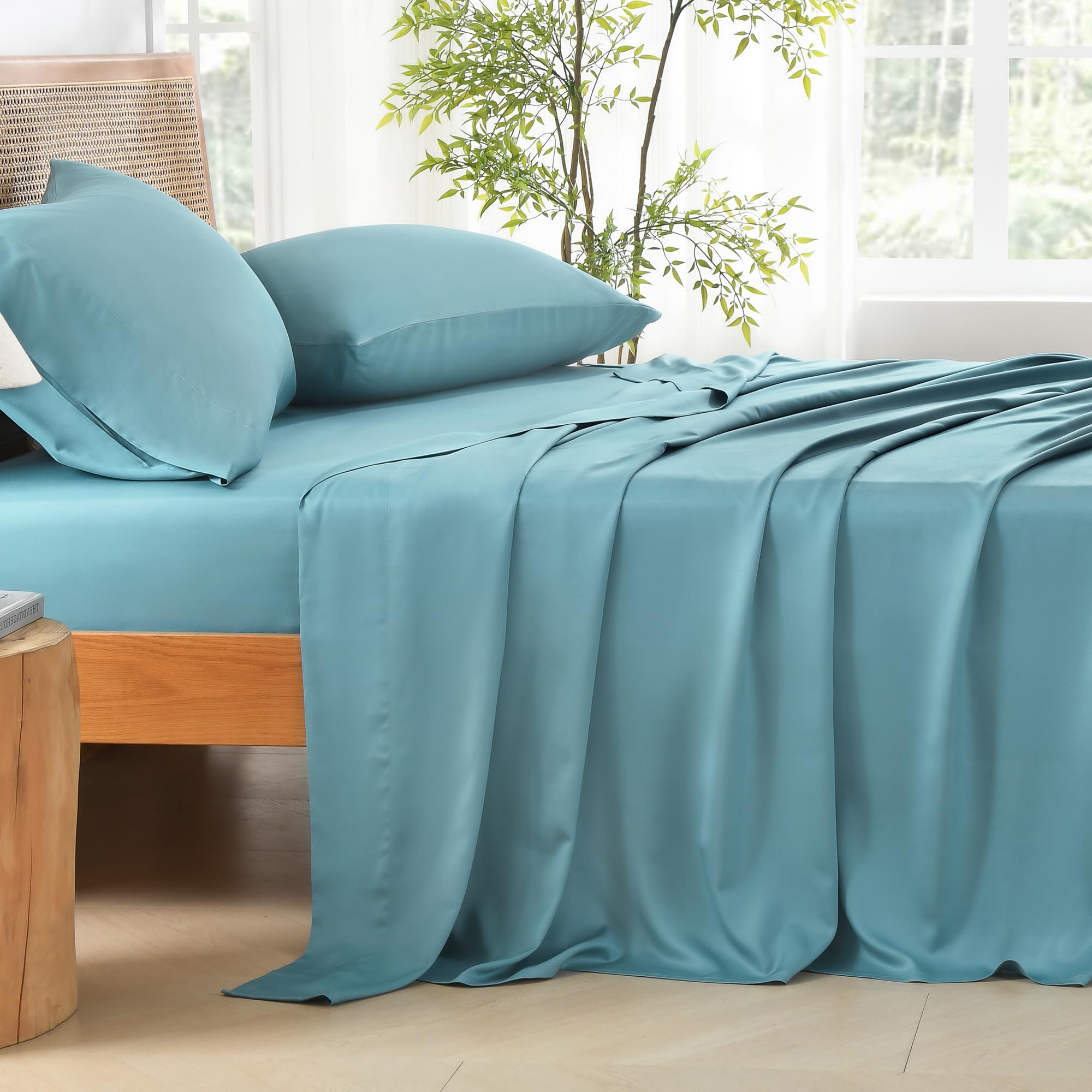 Andency Grayish Teal Queen Sheets Set, 100% Viscose Derived From Bamboo, Cooling Bed Sheets Queen Size, Deep Pocket Up To 16', Silky Soft Sheets, Hotel Luxury Breathable Bedding Sheets & Pillowcases…