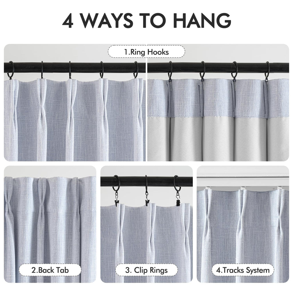 Miulee Chambray Blue Pinch Pleated 100% Blackout Linen Curtains 90 Inch Length 2 Panels Set, Pleat Curtain With Pin Hooks, Black