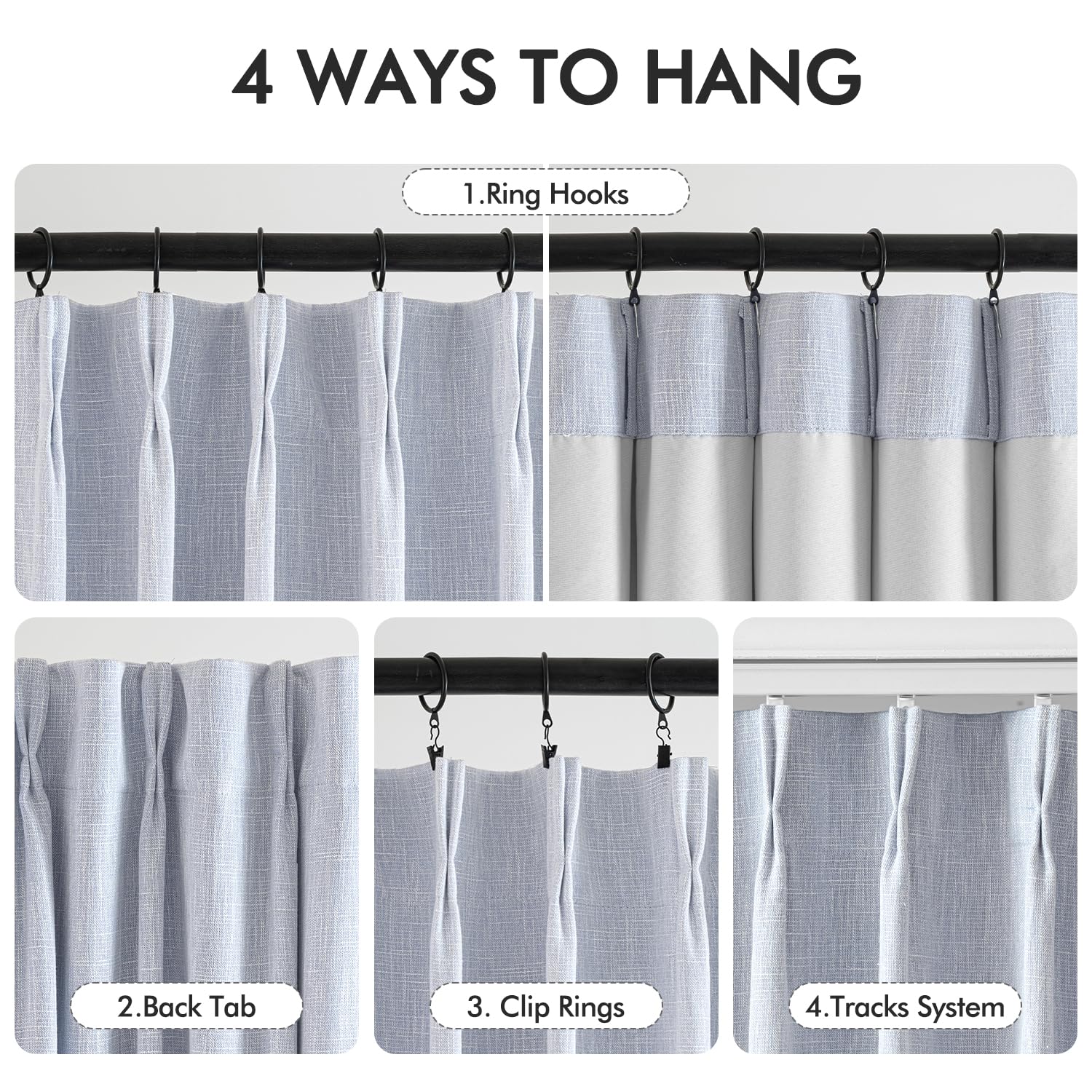 Miulee Chambray Blue Pinch Pleated 100% Blackout Linen Curtains 90 Inch Length 2 Panels Set, Pleat Curtain With Pin Hooks, Black