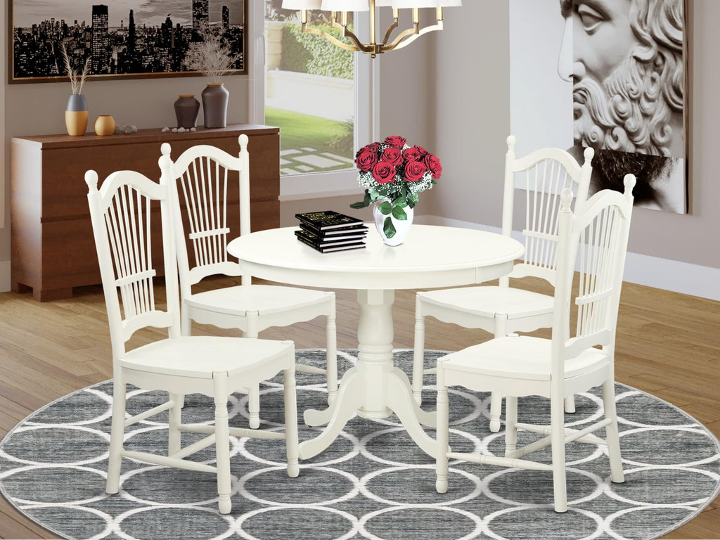 East West Furniture HLDO5-LWH-W 5 Piece Dining Table Set for 4 Includes a Round Kitchen Table with Pedestal and 4 Dining Room Chairs, 42x42 Inch, Linen White