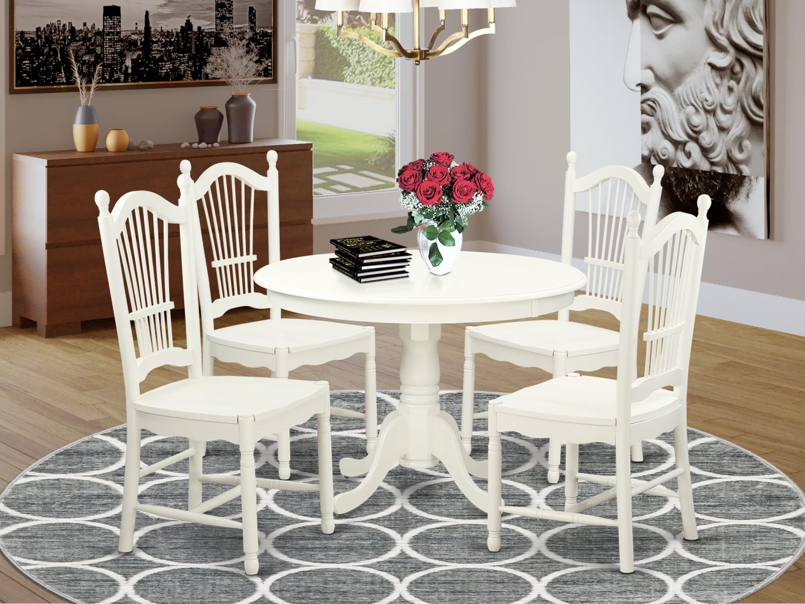 East West Furniture HLDO5-LWH-W 5 Piece Dining Table Set for 4 Includes a Round Kitchen Table with Pedestal and 4 Dining Room Chairs, 42x42 Inch, Linen White