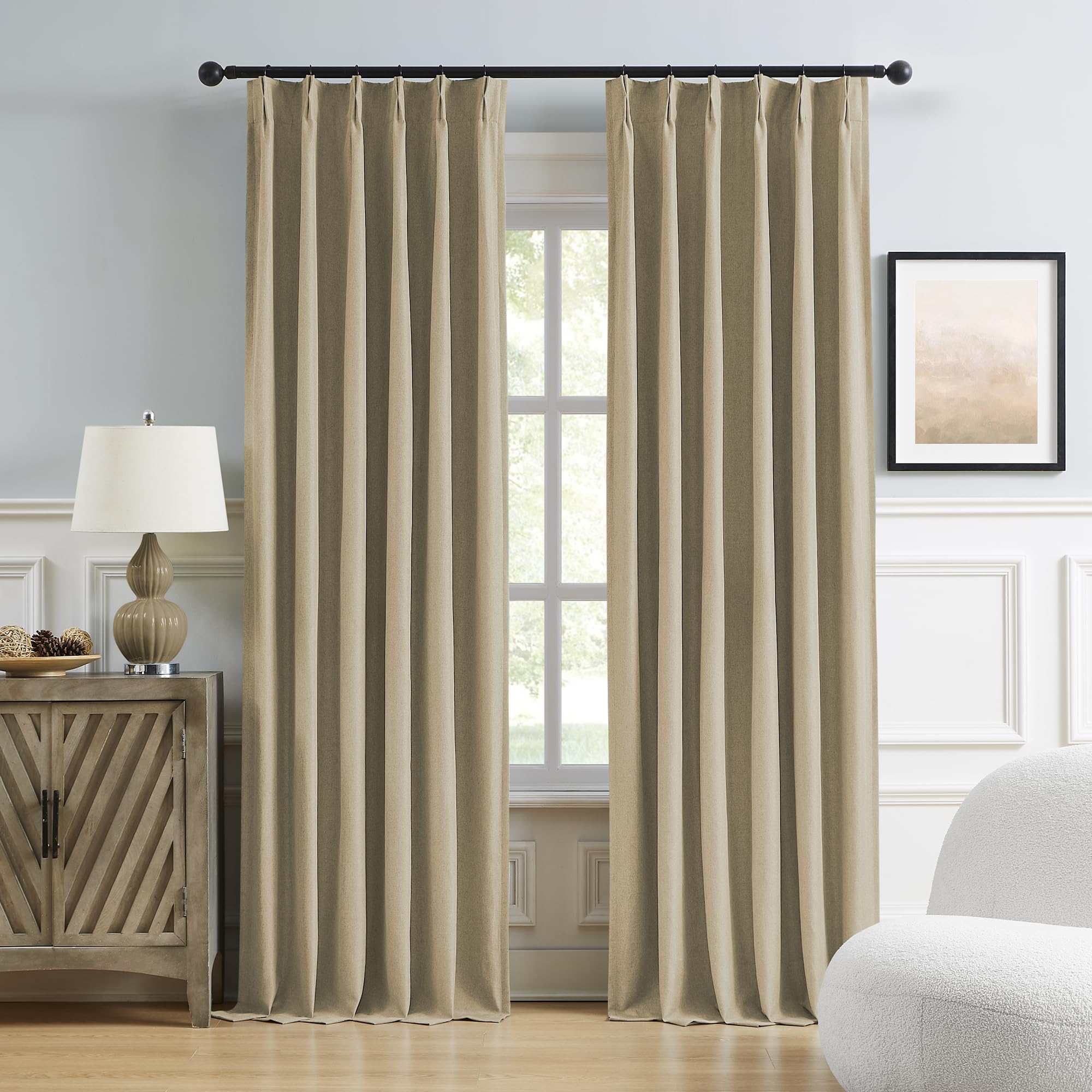 DUALIFE Taupe Blackout Curtains for Bedroom 90 Inch Length, Linen Pencil Pleat Farmhouse Traverse 100% Black Out Heat & Cold Bac