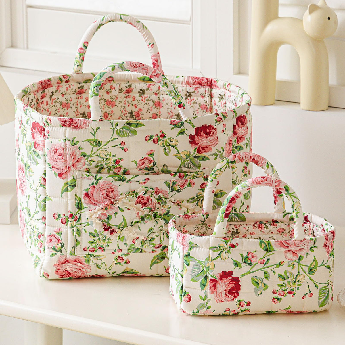 vctops 2 Pack Boho Fabric Quilted Storage Baskets for Organizing, Basket Organizer Gift Basket with Handles, Storage Bins for To