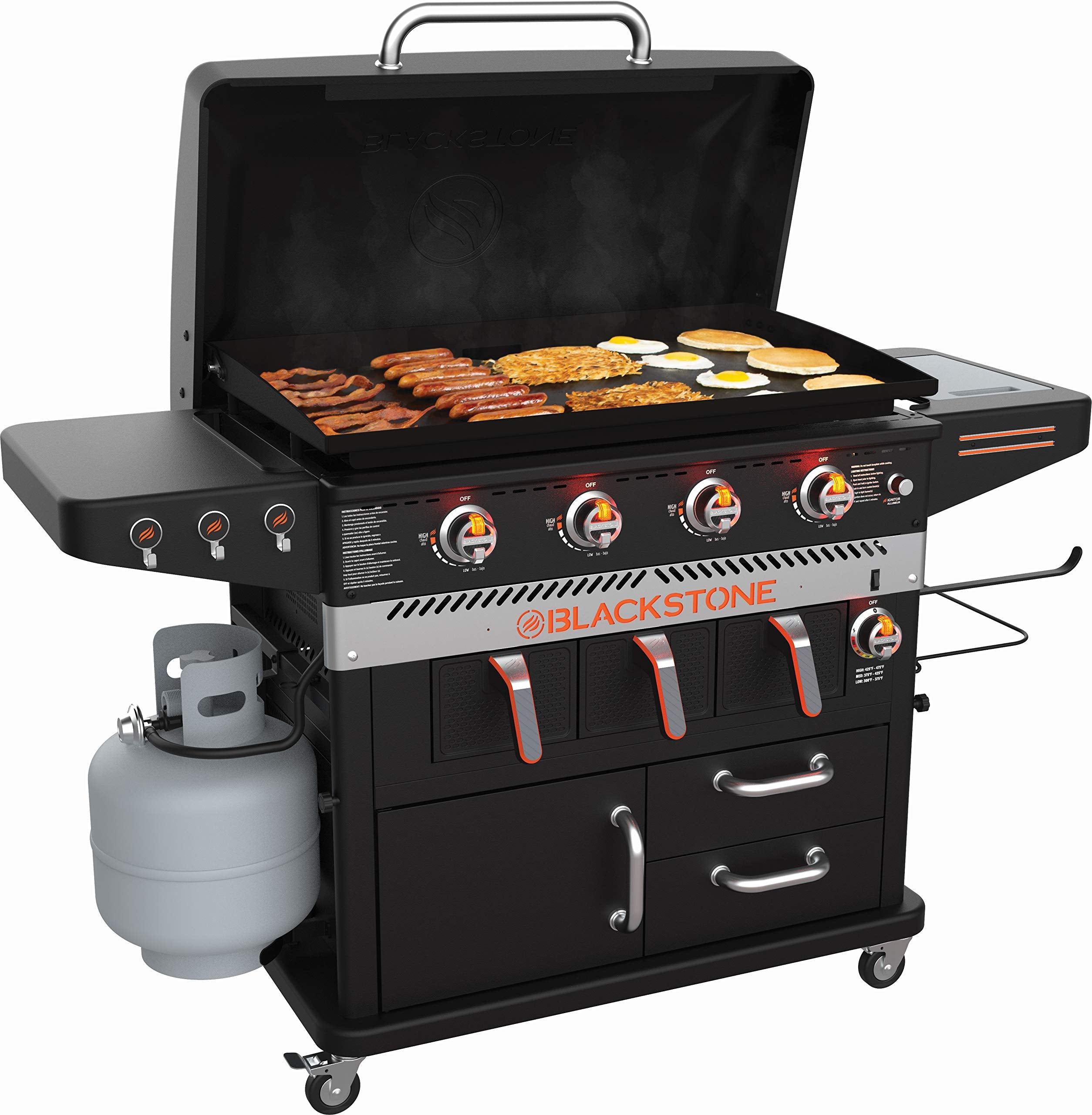 Blackstone 1923 Air Fryer Combo & Four Burners Stainless Steel Gas Hood, Wheels, Two Side Shelf - Heavy Duty Outdoor Griddle Sta