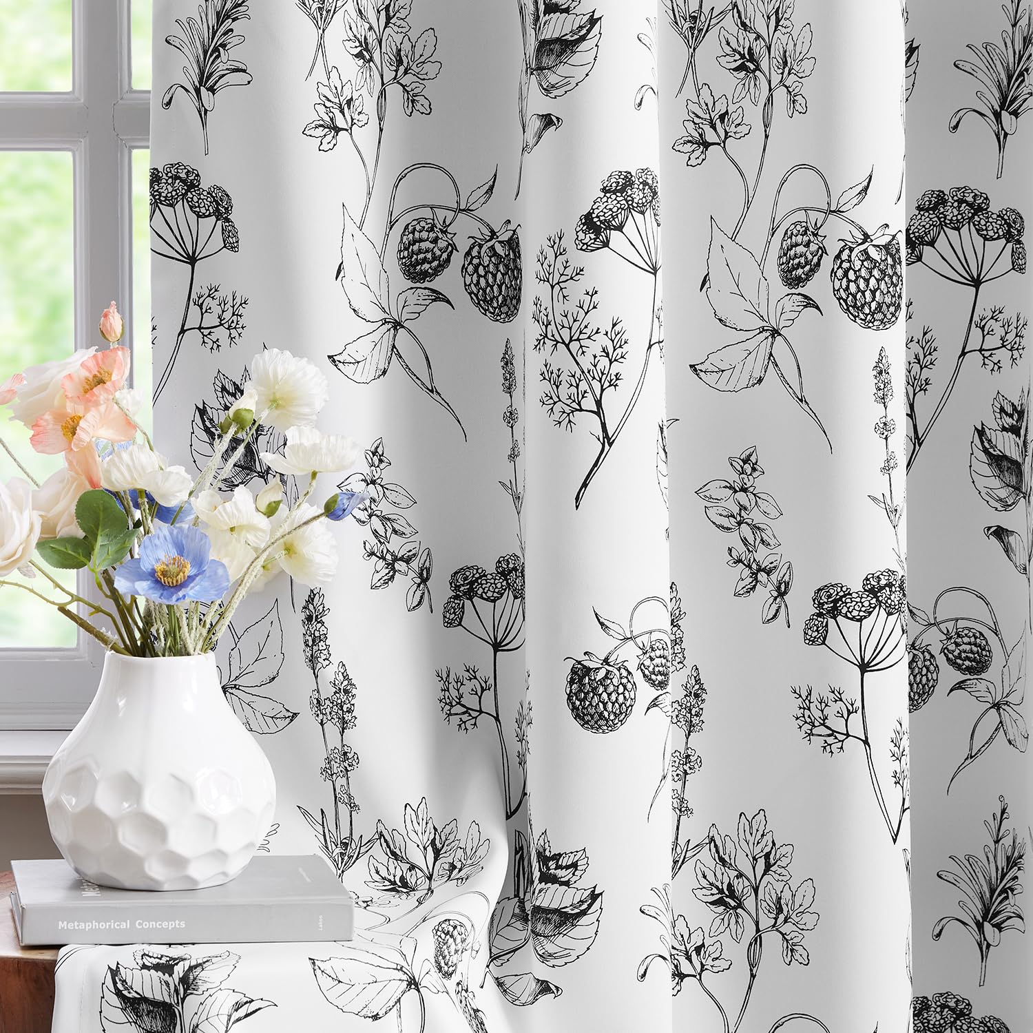 FMFUNCTEX 100% Blackout Floral Curtains 84 Inches Long for Bedroom, Black and White Leaf Drapes for Living Room, Farmhouse Rod P