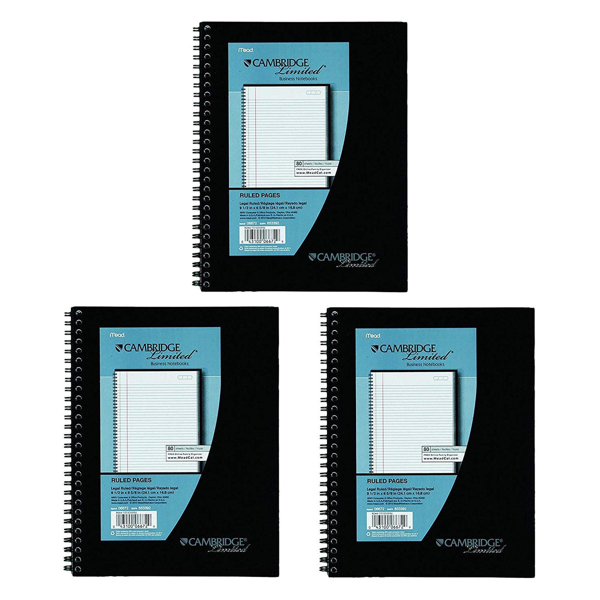 3 Pack Of Mead Cambridge Wirebound Business Notebook, Legal Rule, 6 5/8 X 9 1/2 Inches, White, 80 Sheets Per Pad (06672)