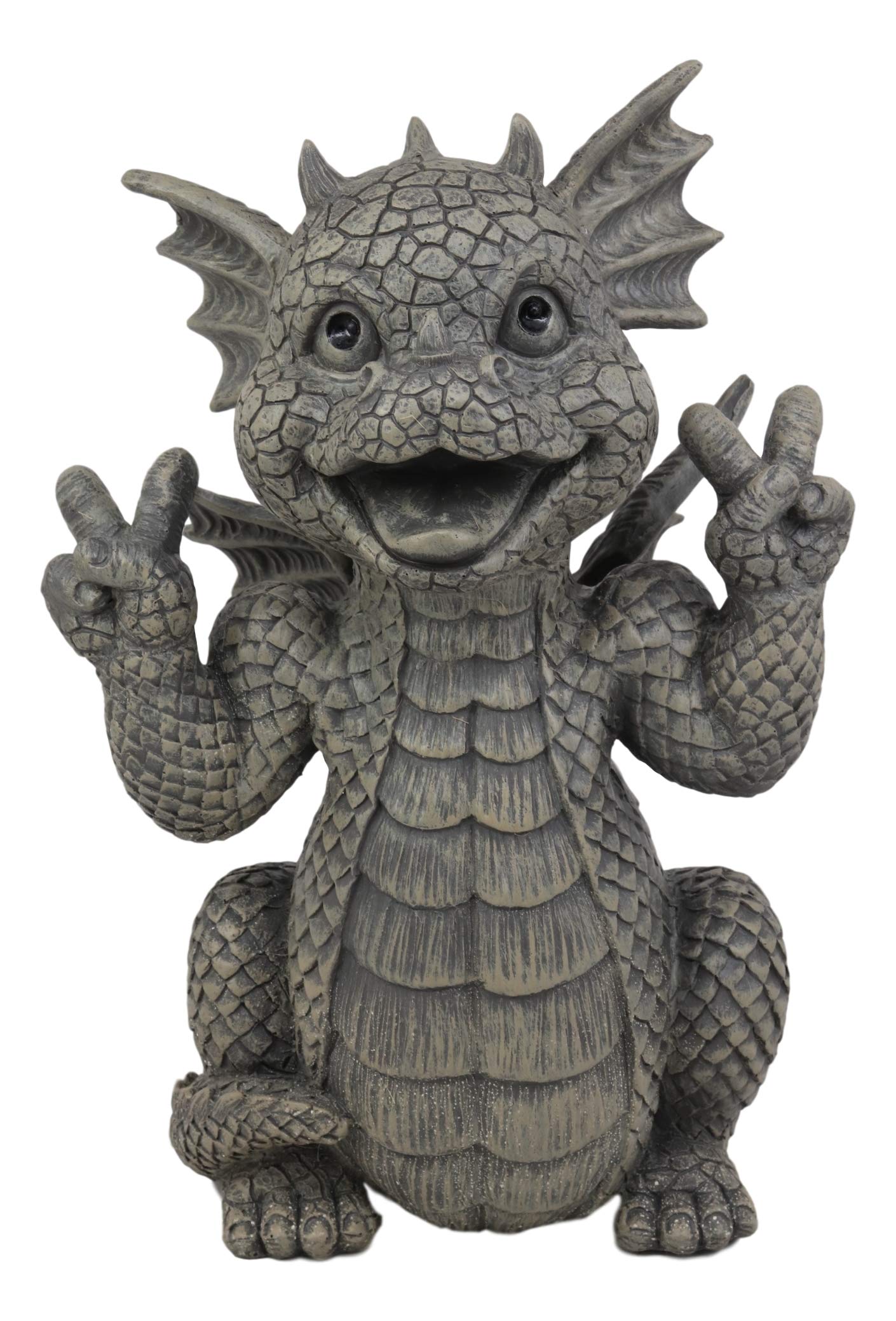Ebros Whimsical Garden Dragon With Hippie Peace Sign Gesture Statue 10.5' Tall Cute Baby Dragonling Smiling Wide Faux Stone Res