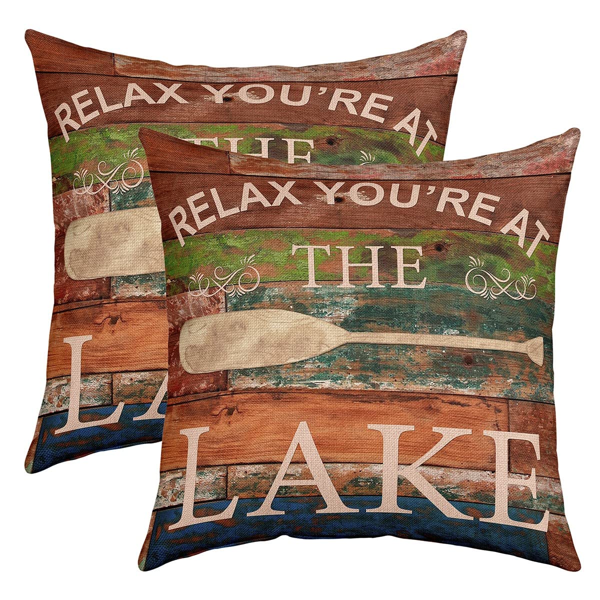 Pack Of 2 Lake House Decor Throw Pillow Covers 18X18 Inch, Farmhouse Style Pillow Covers For Bed Sofa, Rustic Lake Paddle Cushio