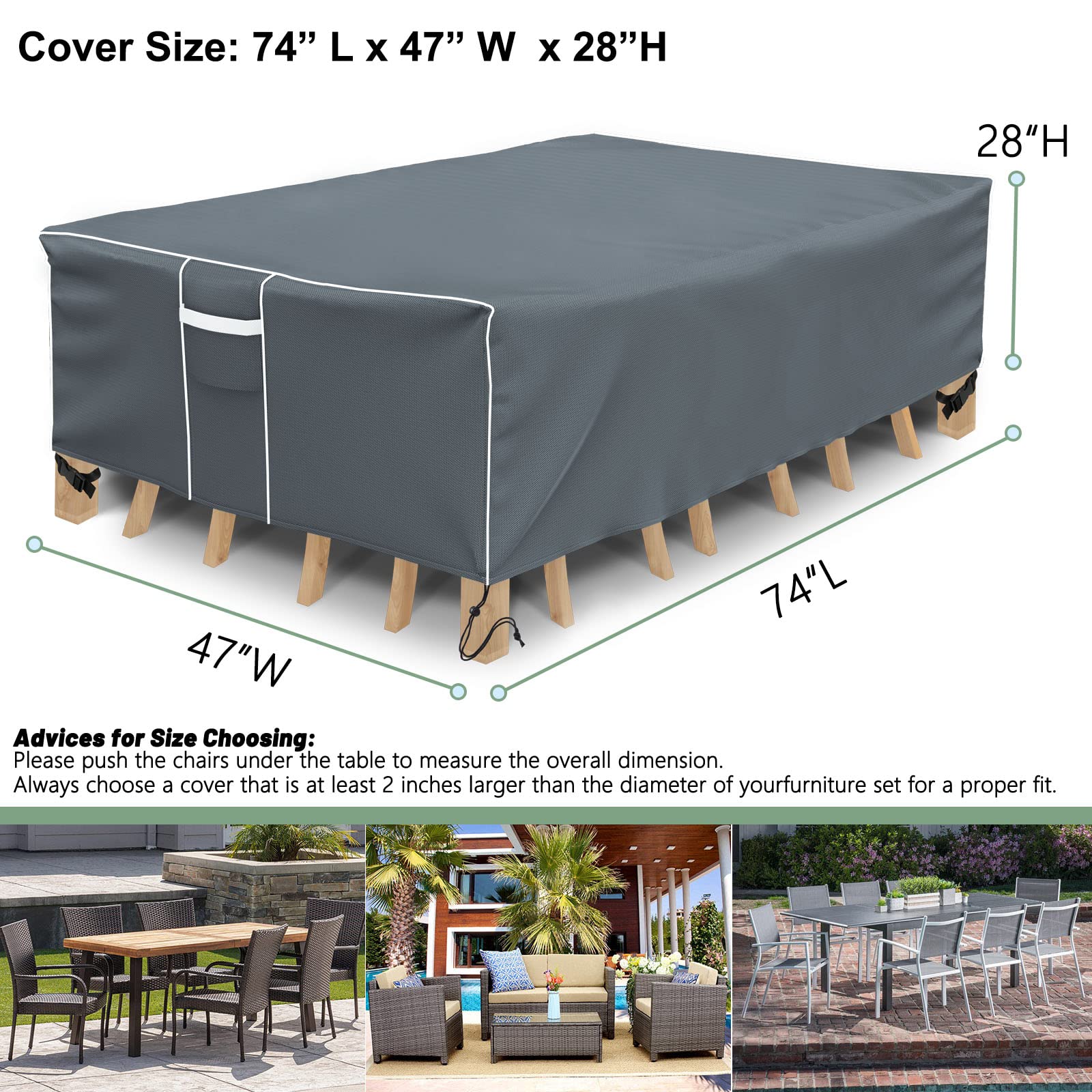 Patio Table Cover, Waterproof Outdoor Table Cover Rectangular, 500D Heavy Duty, All Weather Protection Patio Furniture Cover For Outdoor Table Set, 74' L X 47' W X 28' H -Grey