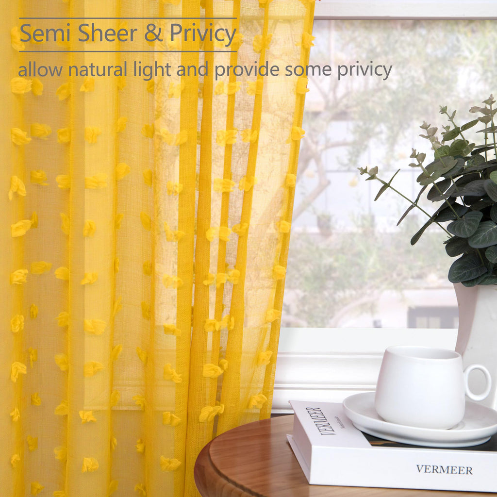 Mustard Yellow Sheer Curtains 84 Inch Length 2 Panels For Spring Living Dining Room Bedroom Boho Farmhouse Gold Semi Sheer Pom P