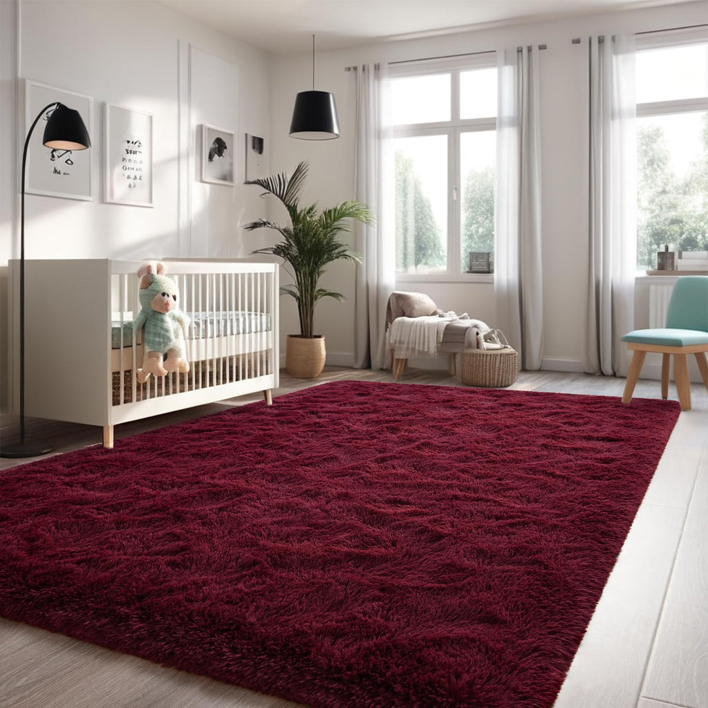 Larhom Wine Red Fluffy Area Rugs For Living Room Bedroom,4X6 Feet Ultra Soft Indoor Modern Plush Fuzzy Rug, Thickened Carpet For