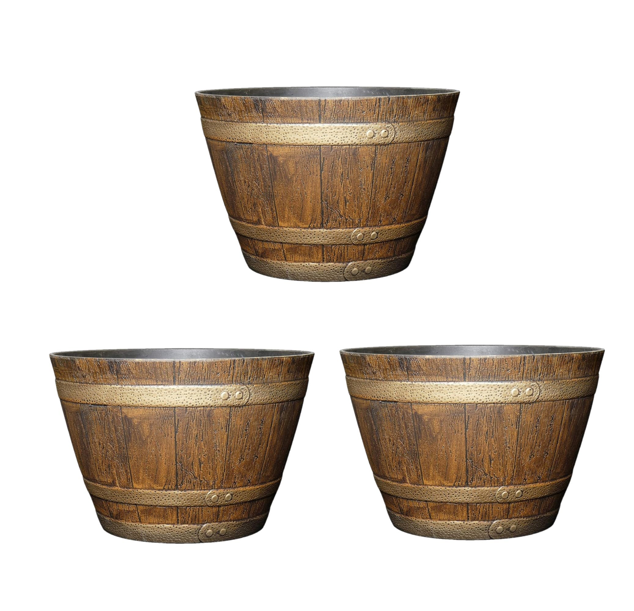 Classic Home And Garden Outdoor Whiskey Resin Flower Pot Barrel Planter, Oak Brown, 15' (Pack Of 3)