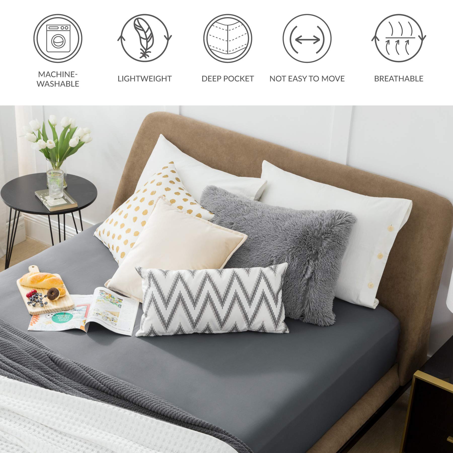 Bedsure King Fitted Sheet Grey - Fitted Sheet King Size For Mattress Up To 14 Inches, Extra Soft Brushed Microfiber, Wrinkle & Fade Resistant(King, Dark Grey)