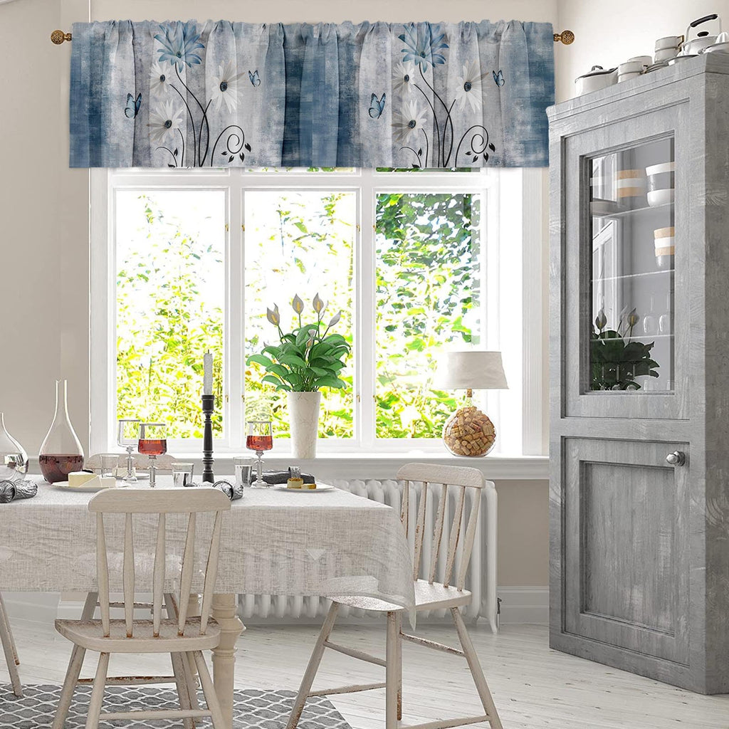 Emvency 2 Pack Valances Window Treatments, Farmhouse Blue Daisy Flowers Butterfly Blackout Drapes Adjustable Curtain Valances Fo