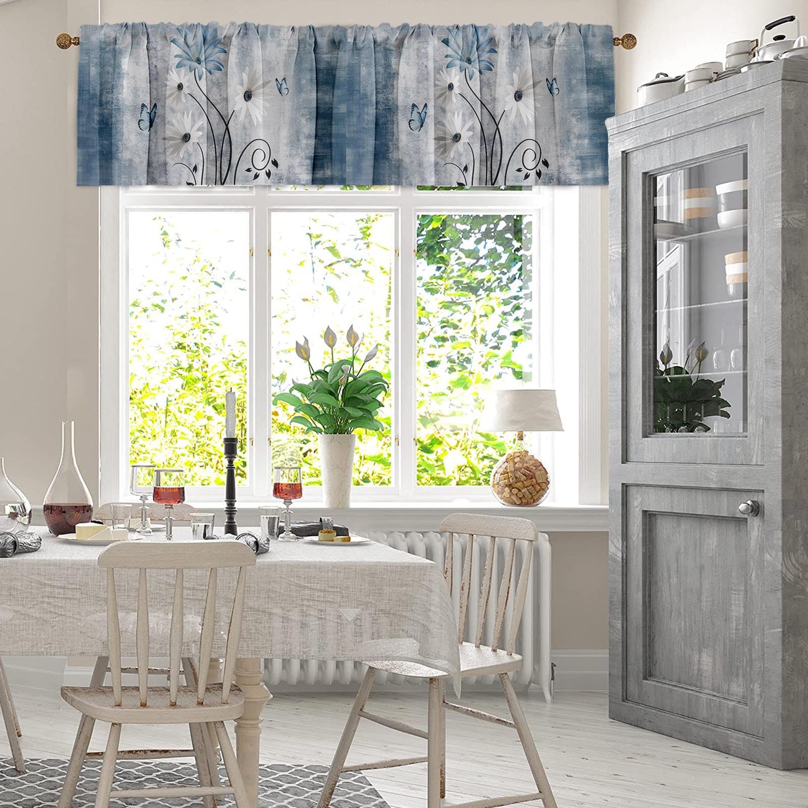 Emvency 2 Pack Valances Window Treatments, Farmhouse Blue Daisy Flowers Butterfly Blackout Drapes Adjustable Curtain Valances Fo