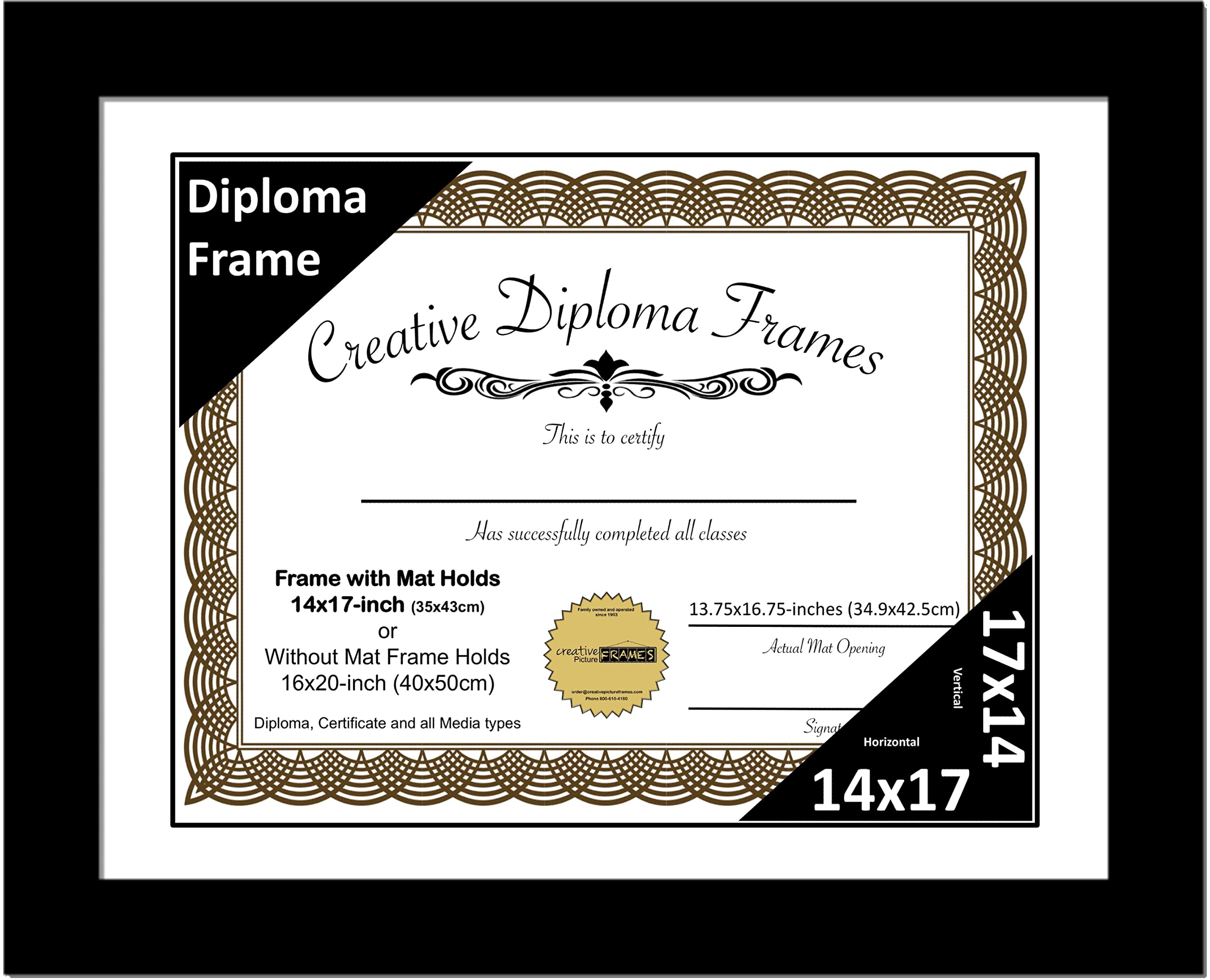 Creative Picture Frames 14x17 Classic Black Diploma Frame with White Mat Glass Easel and Installed Wall Hangers | Frame Holds 16