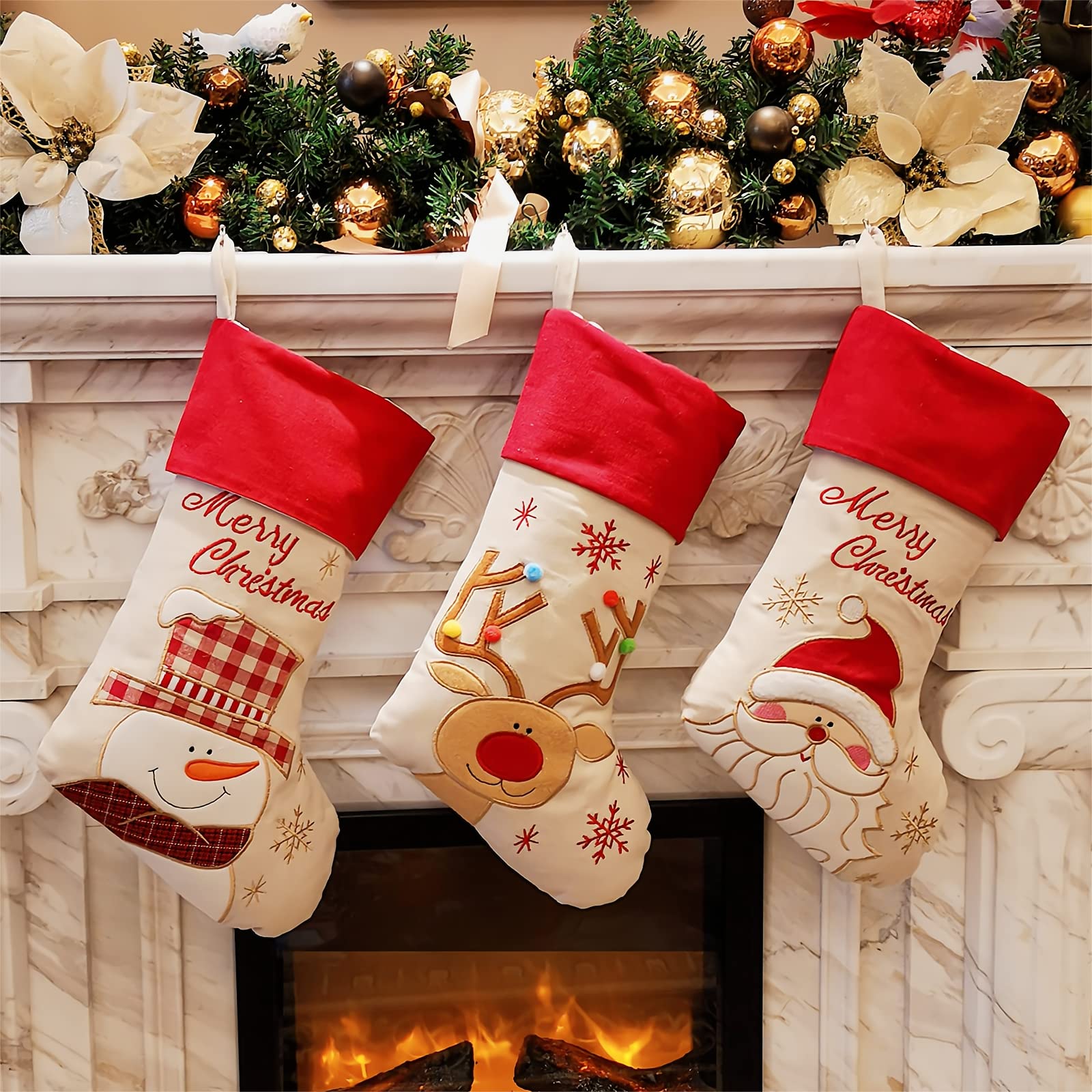 WEWILL Vintage Christmas Stockings Set of 3 Santa, Snowman, Reindeer, Xmas Character Large Christmas Stocking Hanging Tag Knit B
