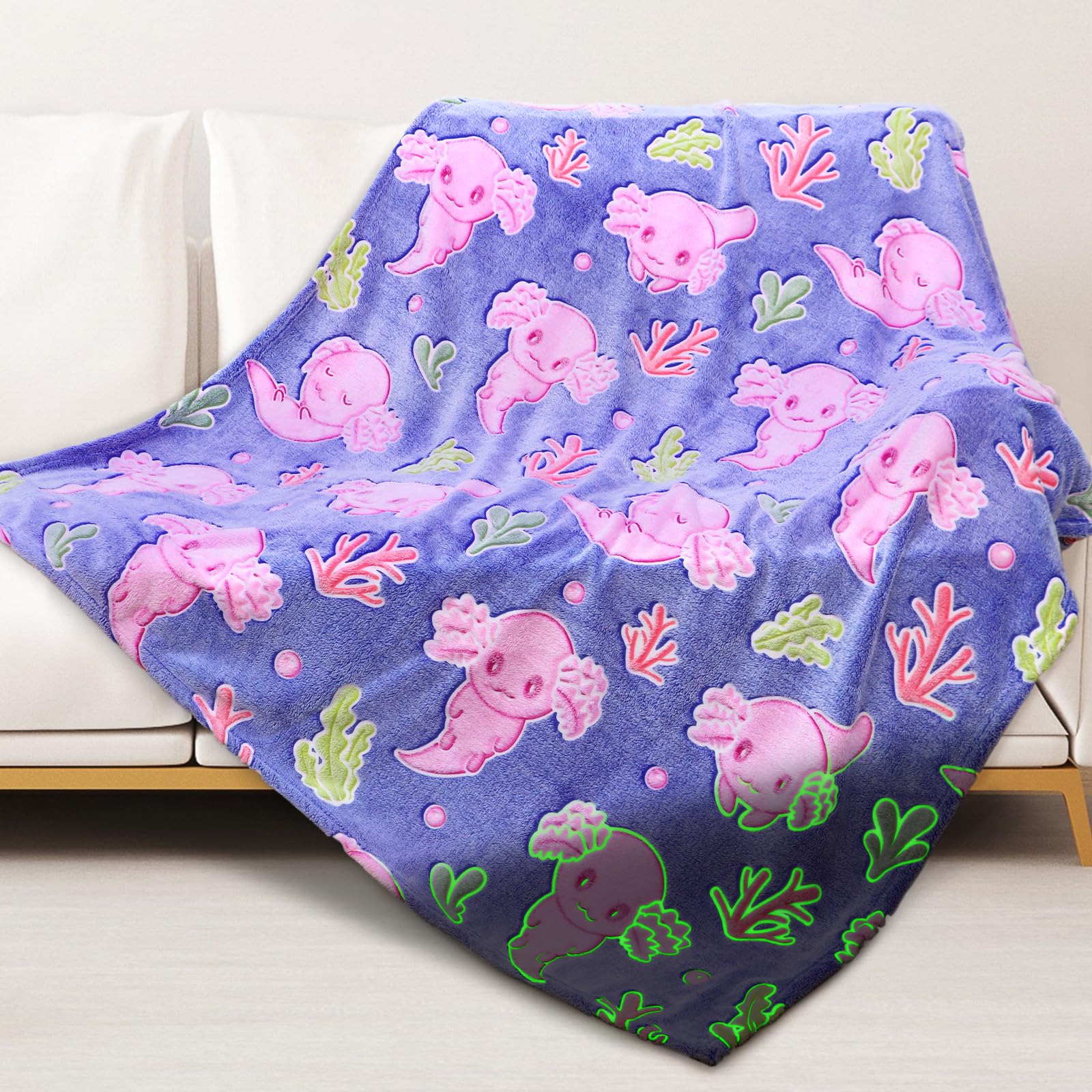 Axolotl Gifts Glow In The Dark Blankets For Girls Salamander Toys For Kids Cute Animals Fish Throw Blankets Soft Fleece Blanket