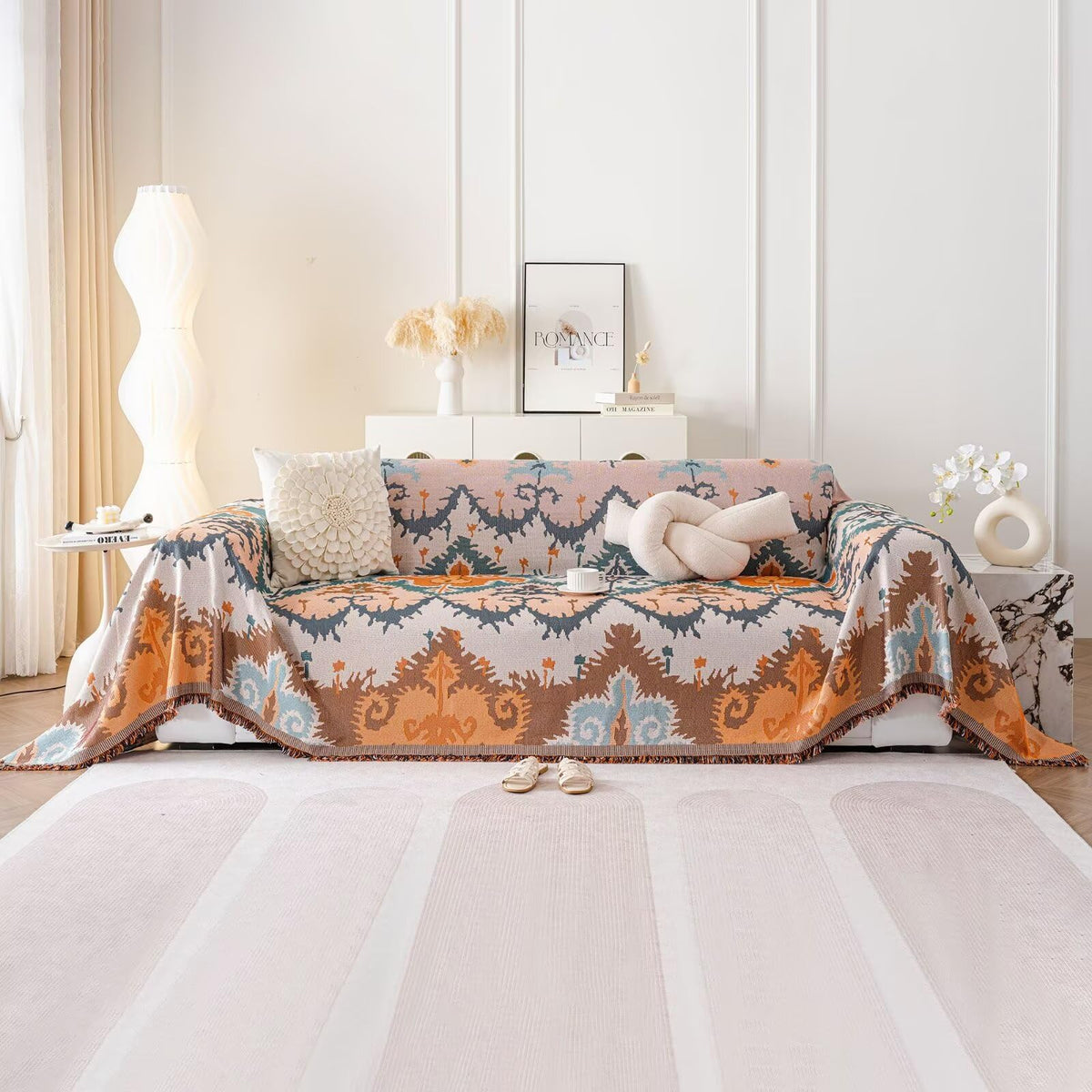 Vclife Soft Cotton Linen Couch Cover Boho Beige Caramel Blue Coffee Geometry Jacquard Sofa Cover Pet Friendly Couch Cover For 2-