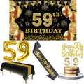 59th Birthday Decorations Men Women with 59th Birthday Banner, Black and Gold Table Cloth, Number Balloons, Large Sash, Cake Top