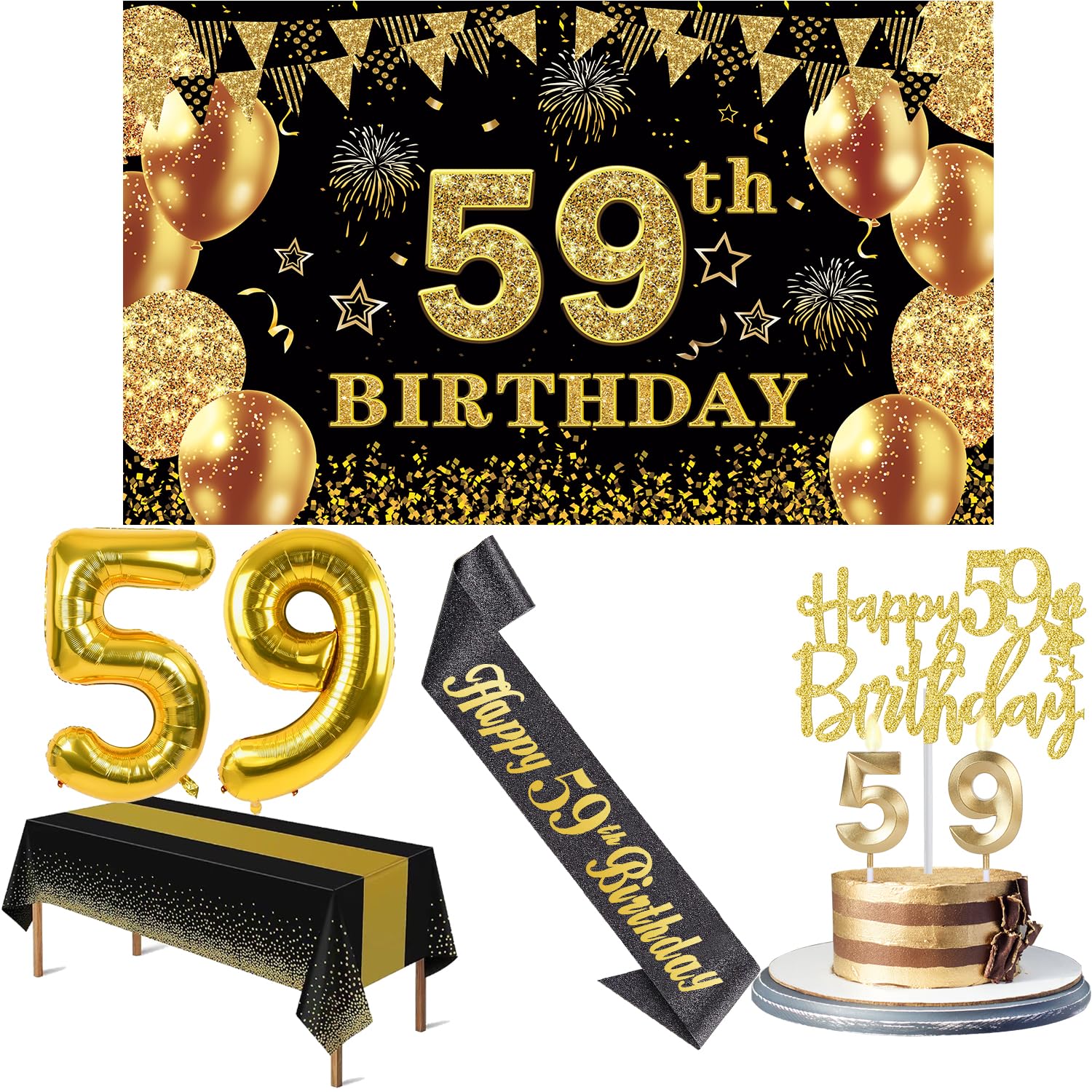 59th Birthday Decorations Men Women with 59th Birthday Banner, Black and Gold Table Cloth, Number Balloons, Large Sash, Cake Top
